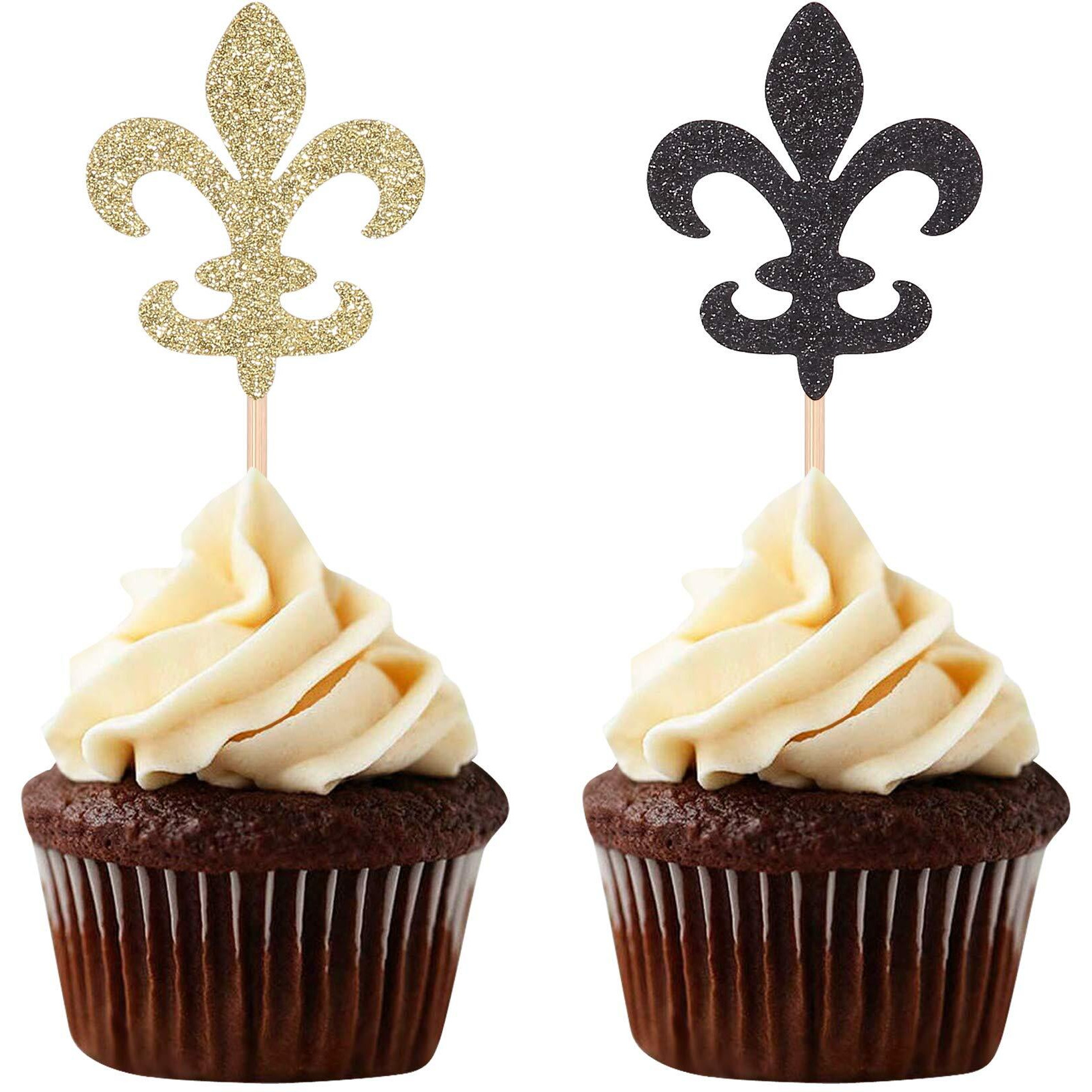 Black And Gold Fleur De Lis Cupcake Toppers French Party Birthday Picks Decorations - 24 Counts