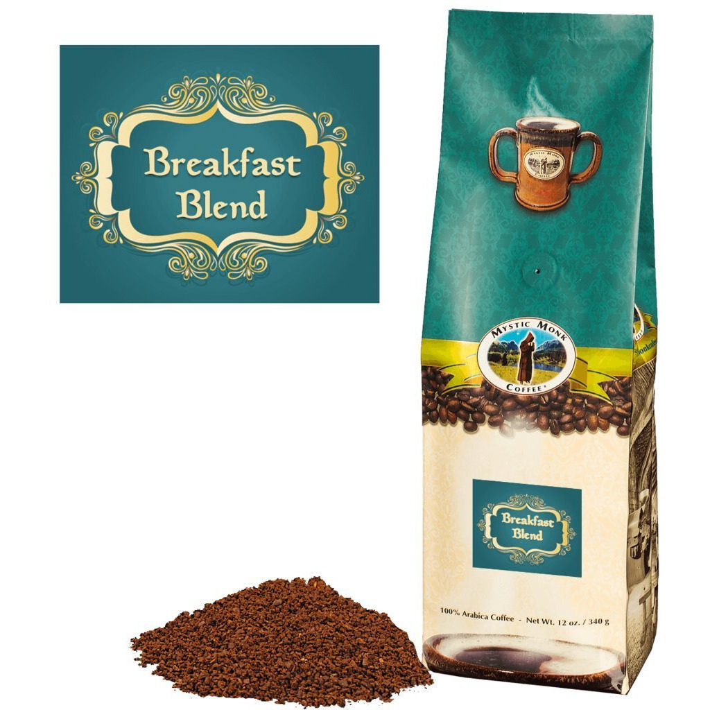 Mystic Monk Coffee Breakfast Blend Ground Coffee (Medium Roast 100% Arabica Coffee) - 12Oz