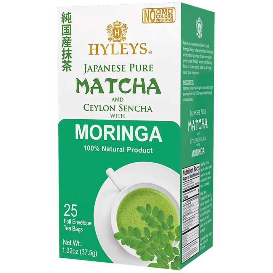 Hyleys Matcha Tea Bags With Moringa Oleifera - 25 Tea Bags (Japanese Pure Matcha Wellness Green Tea)