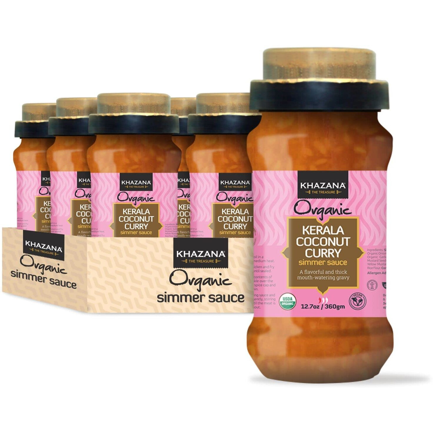 Khazana Organic Kerala Coconut Curry Indian Simmer Sauce - 6 X 12.7Oz Jars | Non-Gmo, Vegan, Gluten Free, Kosher | Authentic Indian Meals Made Easy At Home