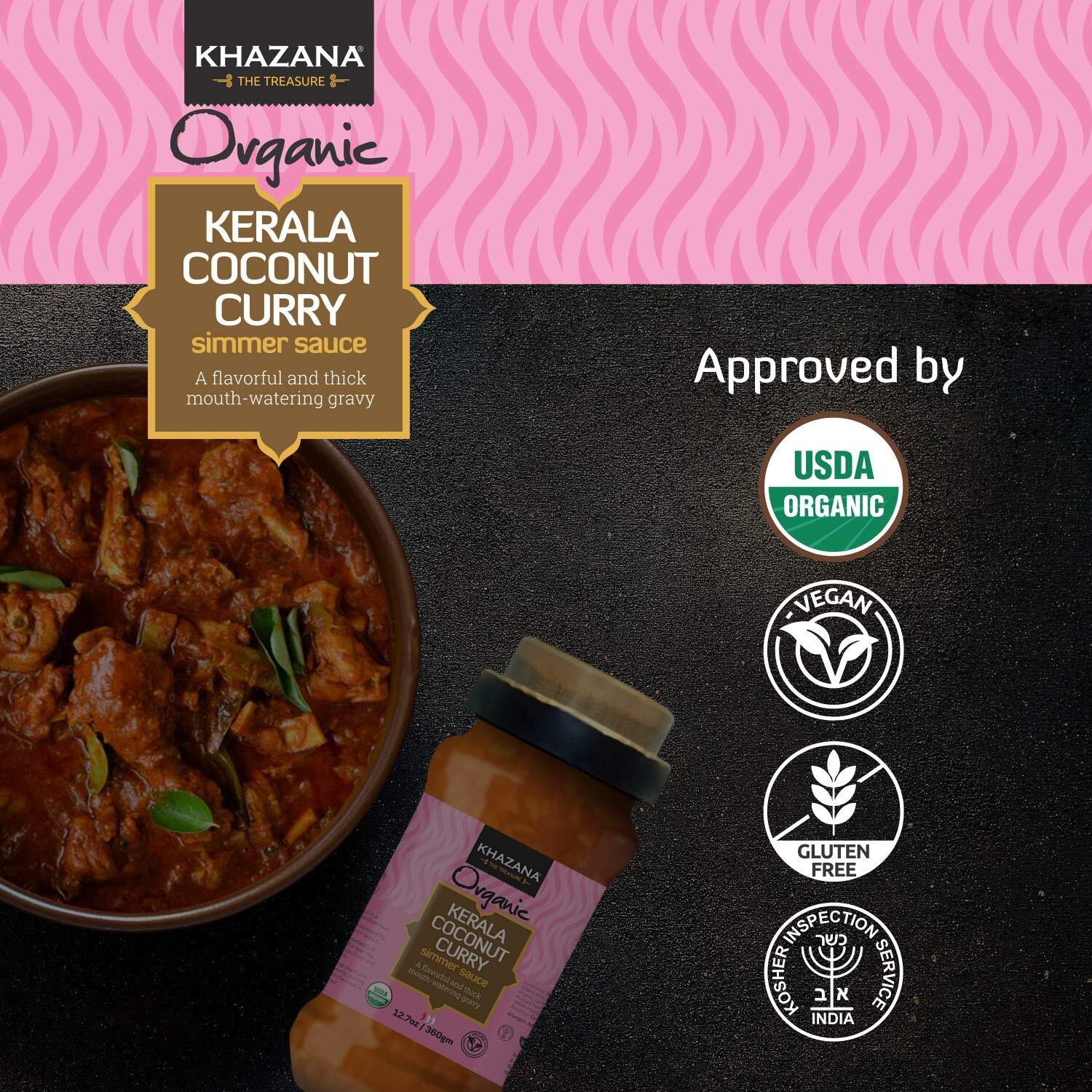 Khazana Organic Kerala Coconut Curry Indian Simmer Sauce - 6 X 12.7Oz Jars | Non-Gmo, Vegan, Gluten Free, Kosher | Authentic Indian Meals Made Easy At Home