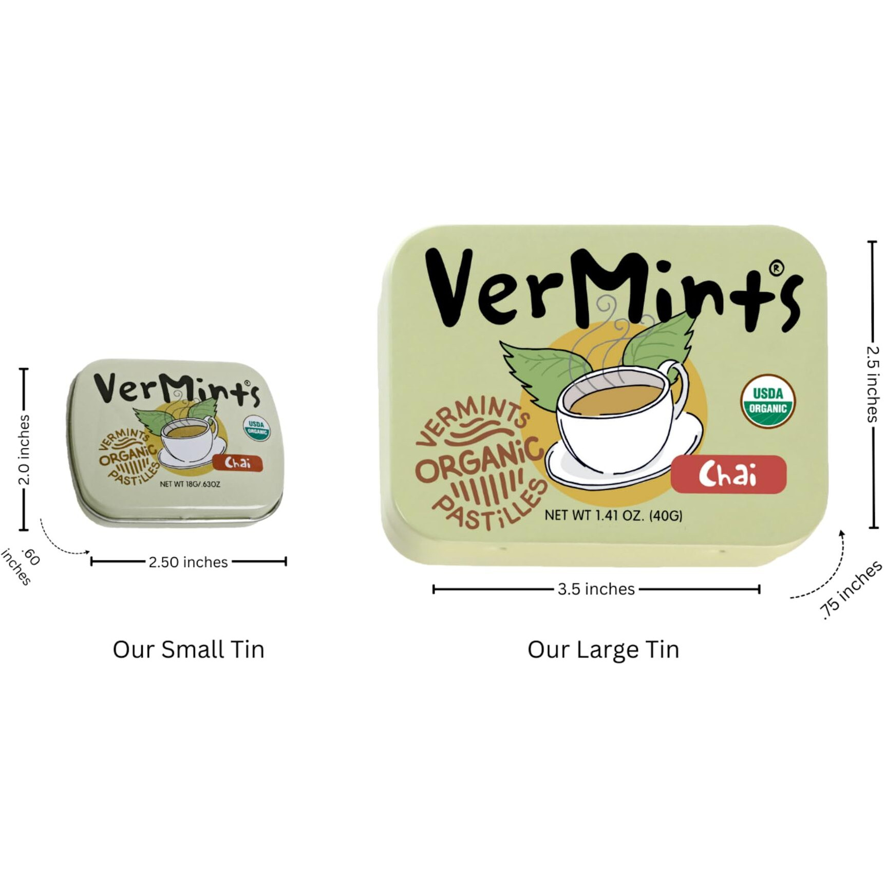 Organic Breath Mints By Vermints, Chai Flavor, Pack Of 6,1.41Oz Tins All Natural Pastilles, Non-Gmo, Nut Free, Gluten Free, Vegan, Ksa Kosher