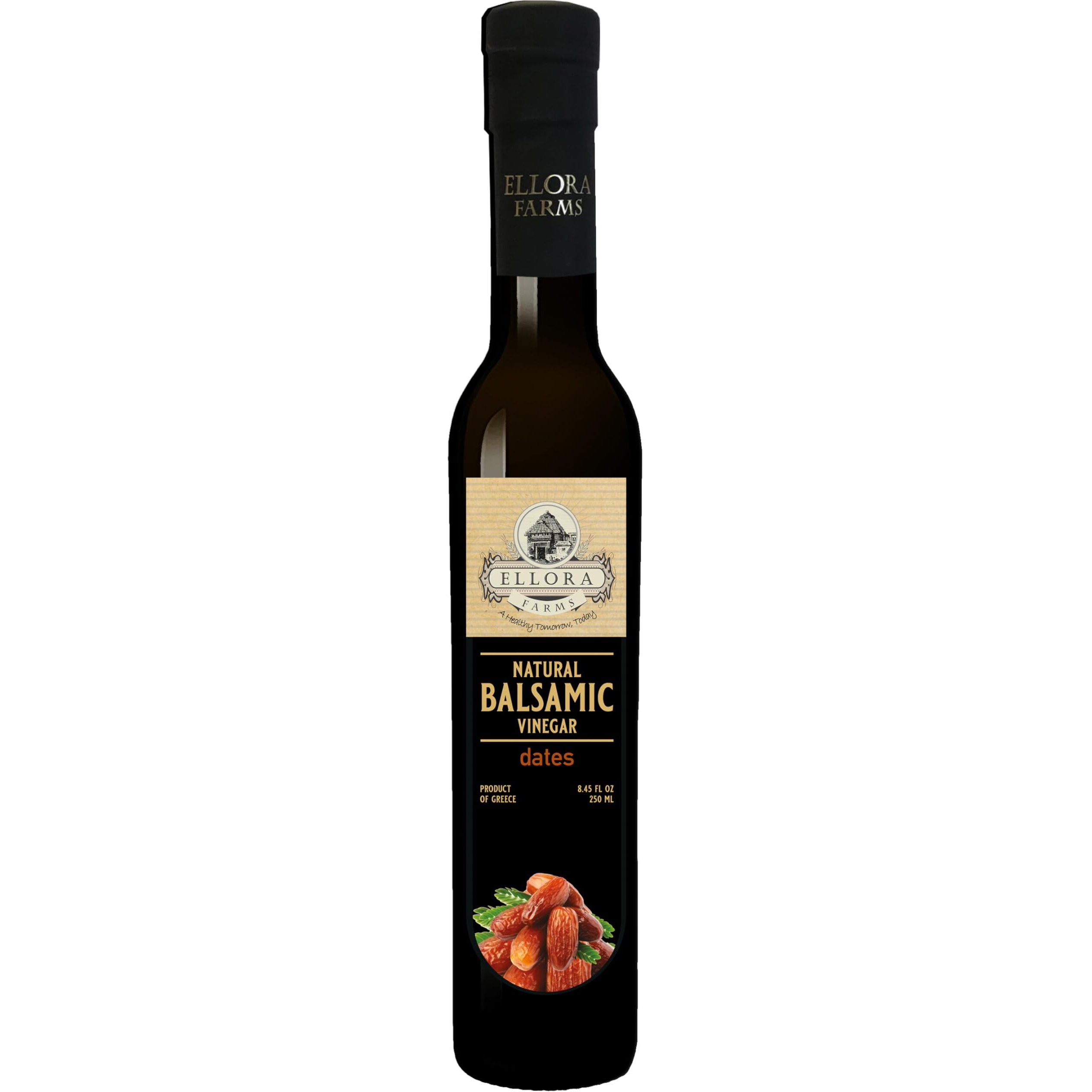 Ellora Farms, Dates Infused Thick Balsamic Vinegar, Barrel Aged, No-Additives, No-Added Sugar, No-Preservatives, Dark Glass Bottle, 8.45 Oz.