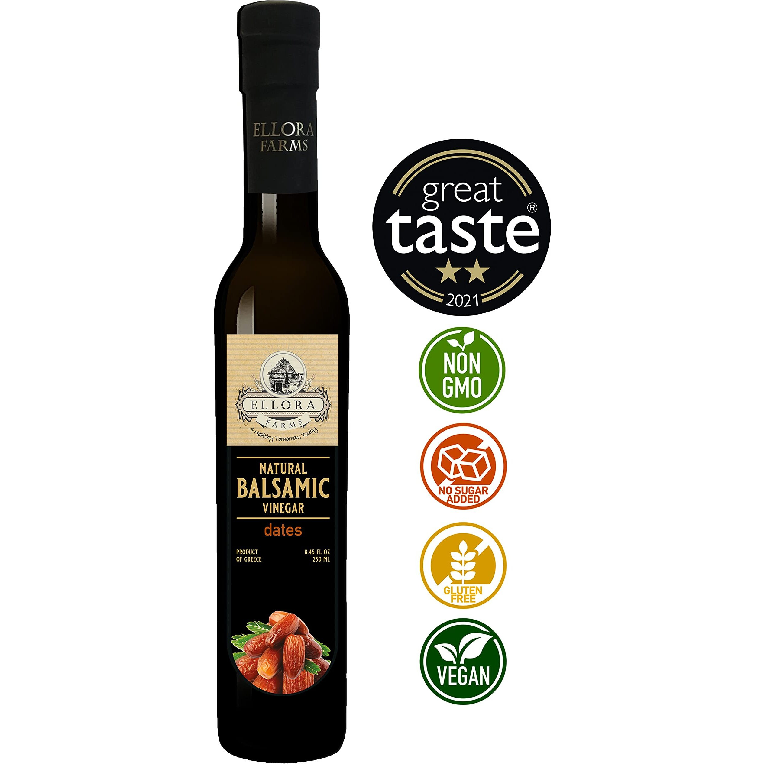 Ellora Farms, Dates Infused Thick Balsamic Vinegar, Barrel Aged, No-Additives, No-Added Sugar, No-Preservatives, Dark Glass Bottle, 8.45 Oz.
