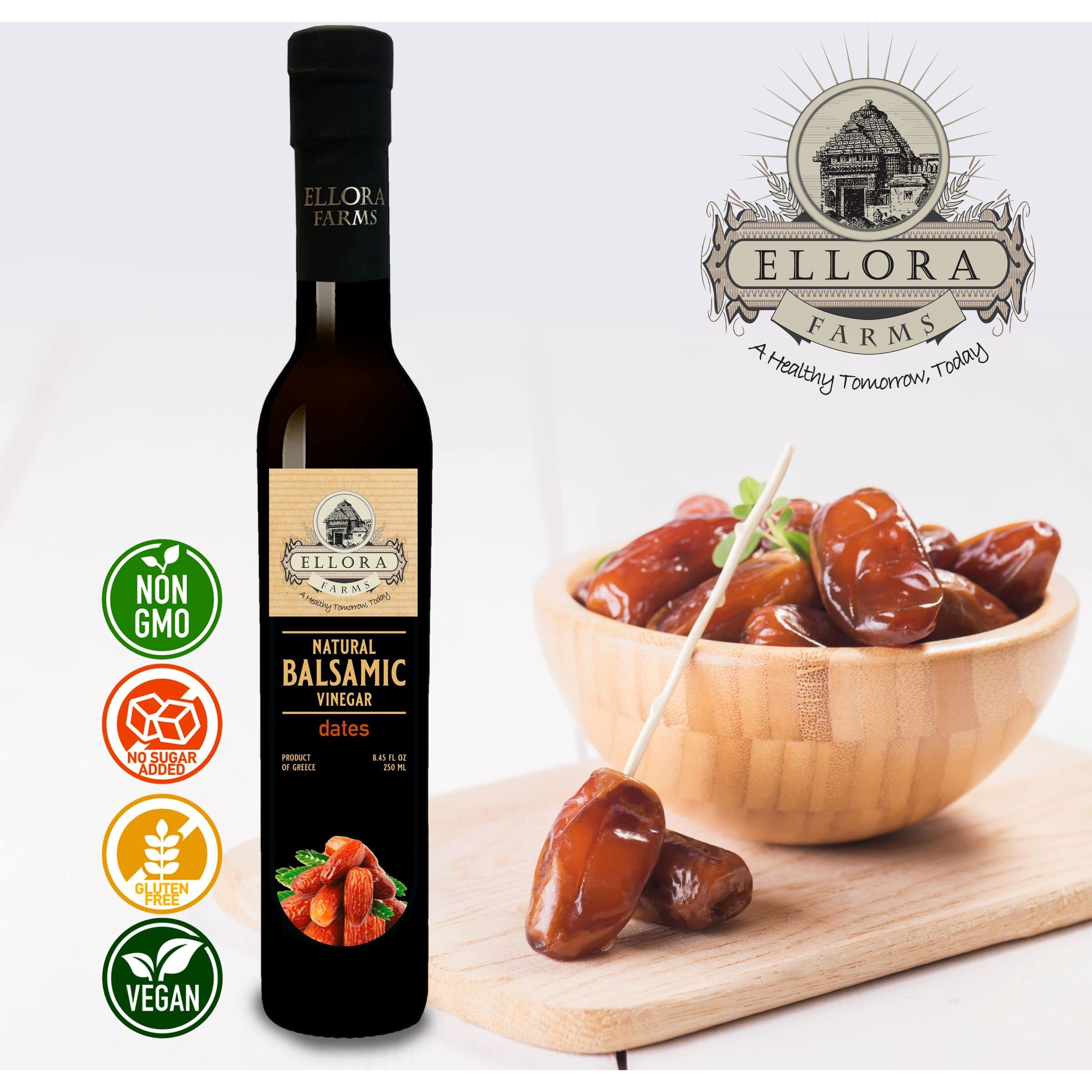 Ellora Farms, Dates Infused Thick Balsamic Vinegar, Barrel Aged, No-Additives, No-Added Sugar, No-Preservatives, Dark Glass Bottle, 8.45 Oz.