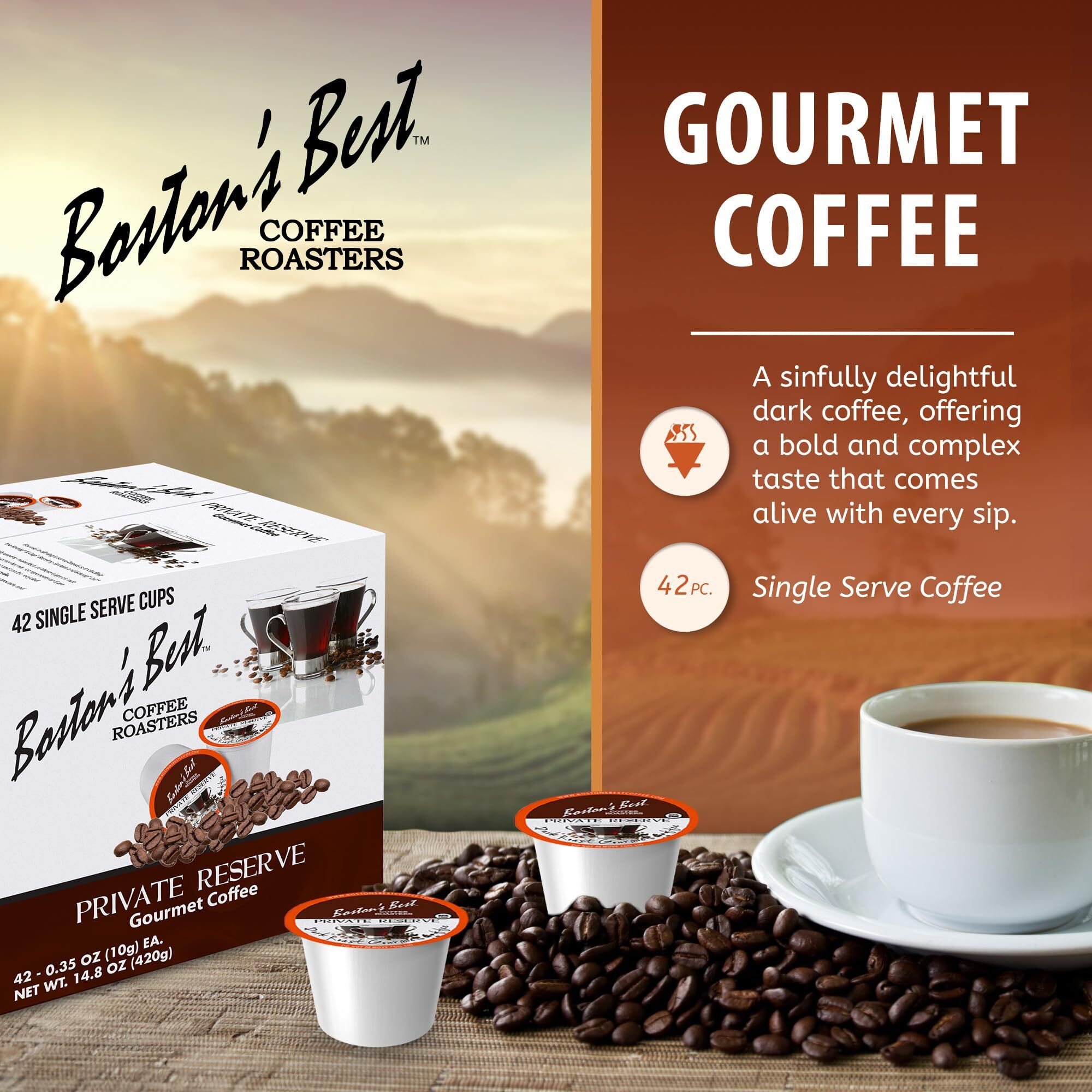 Bostons Best Gourmet Coffee - Private Reserve Blend - Dark Roast - Single Serve Coffee Pods, Compatible With Keurig Brewers - 42 Pods