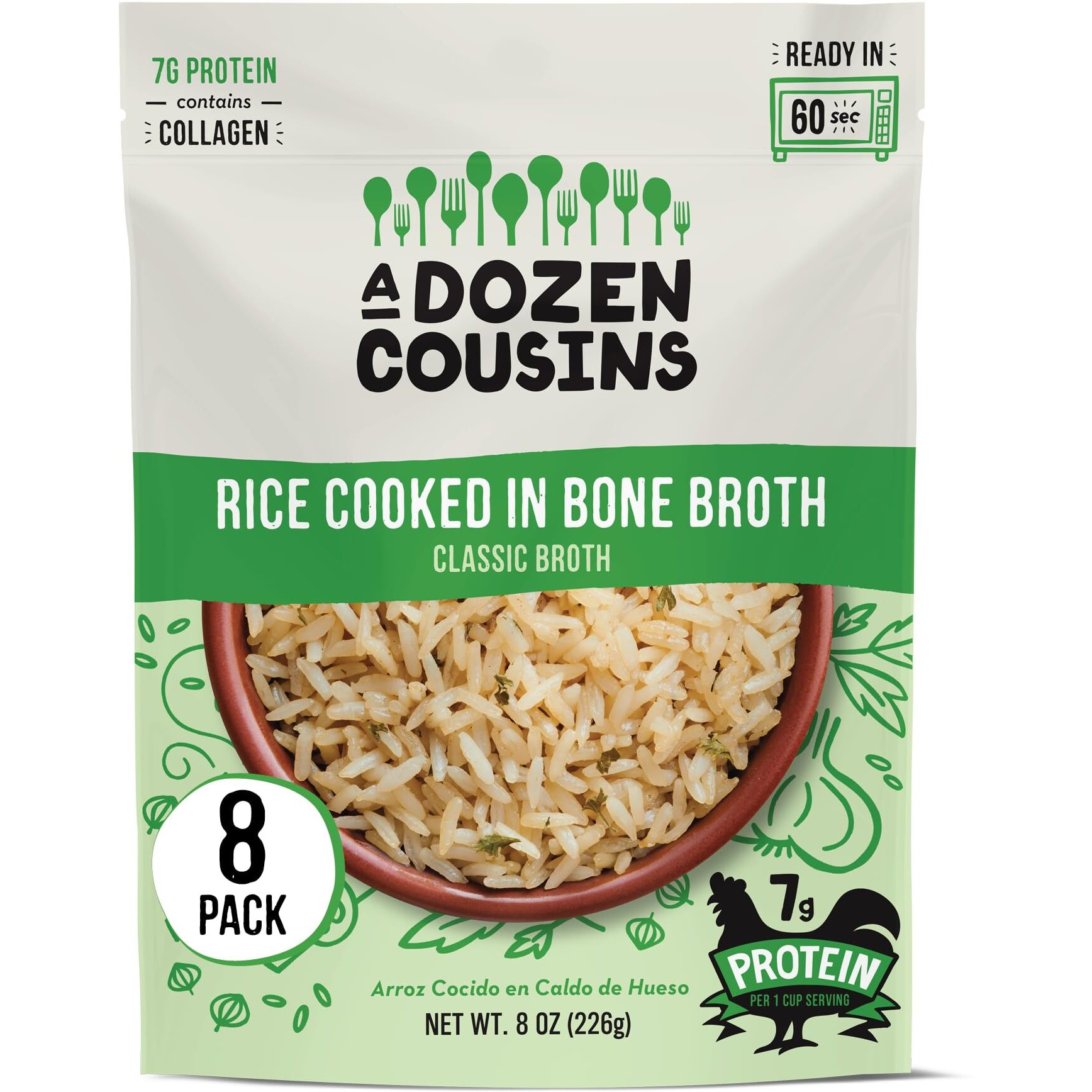 A Dozen Cousins Rice Cooked In Bone Broth Microwaveable Rice Packets | 7G Protein | Contains Collagen (Classic Chicken Broth, 8 Pack)