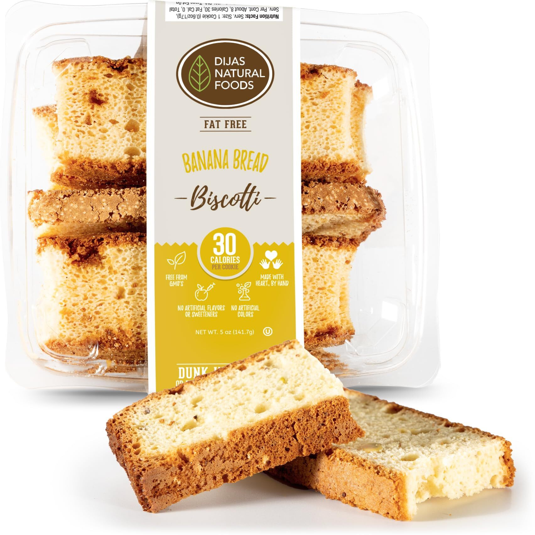 Dijas Natural Foods, Crunchy Fat Free Biscotti Cookie, All Natural Preservative Free Ingredients, Delicious Low Calorie Snack (5 Ounces, Banana Bread)