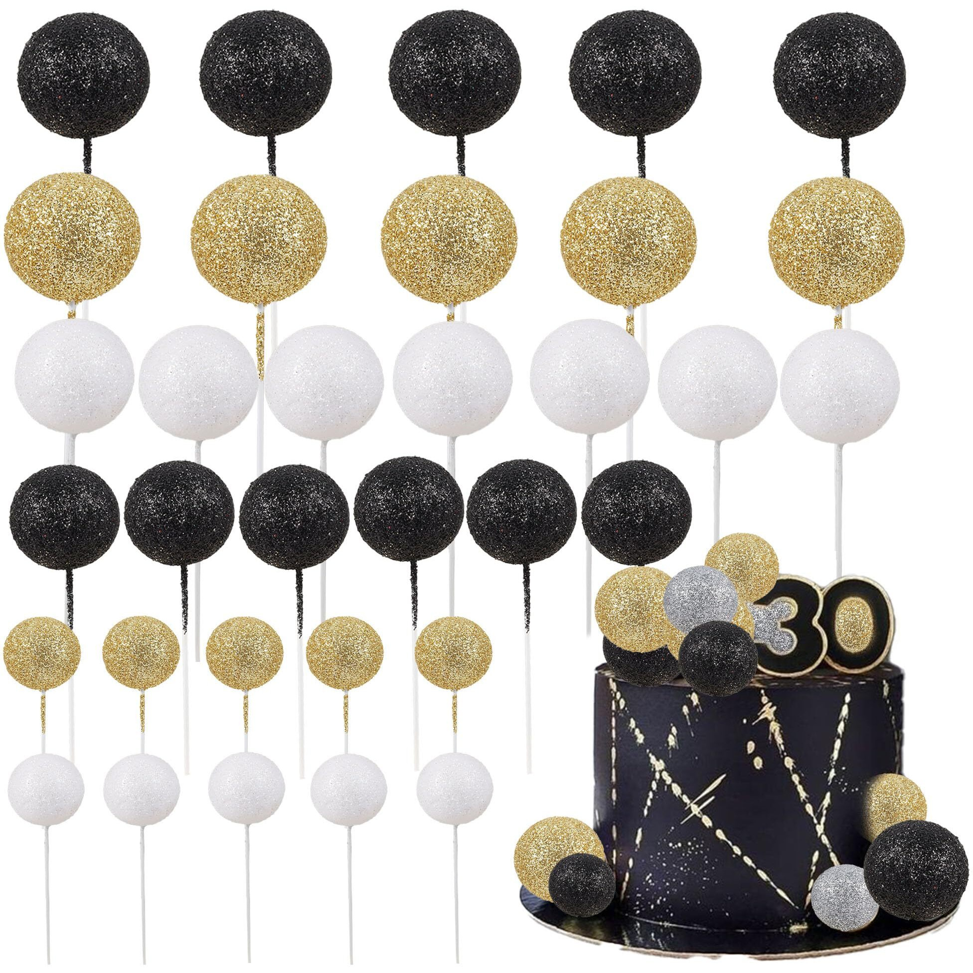 30Pcs Glitter Balls Cake Topper Mini Balloons Cupcake Topper Diy Cake Insert Topper Foam Cake Balls Baking Decoration For Baby Shower Wedding Anniversary Kids Birthday Graduation Party Cake Decorations Gold Black Silver