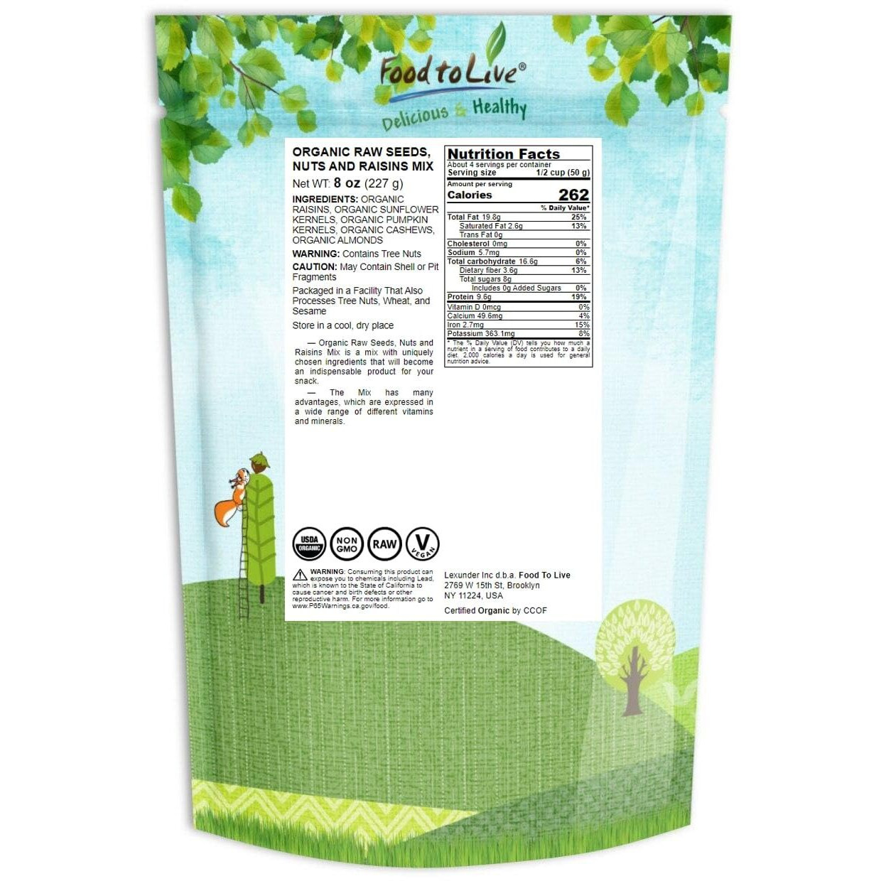 Food To Live Organic Raw Seeds, Nuts And Raisins Mix, 8 Ounces - Raw, Non-Gmo Trail Mix Contains Almonds, Cashews, Pumpkin Seeds, Sunflower Seeds. Vegan Superfood Snack, Kosher, No Added Sugar And Oil