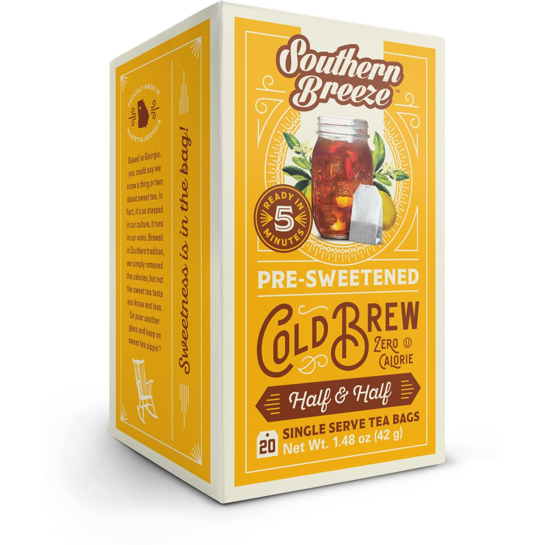 Southern Breeze Cold Brew Sweet Tea Half & Half Iced Tea With Black Tea And Zero Carbs Zero Sugar, 20 Individually Wrapped Tea Bags Southern Sweet Tea Iced Tea Beverage