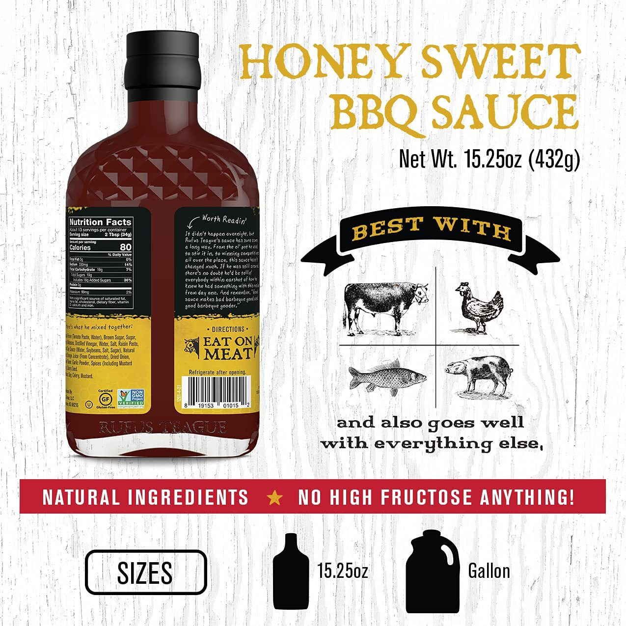 Rufus Teague - Honey Sweet Bbq Sauce - Premium Barbecue Sauce - 15.25 Oz. Bottle