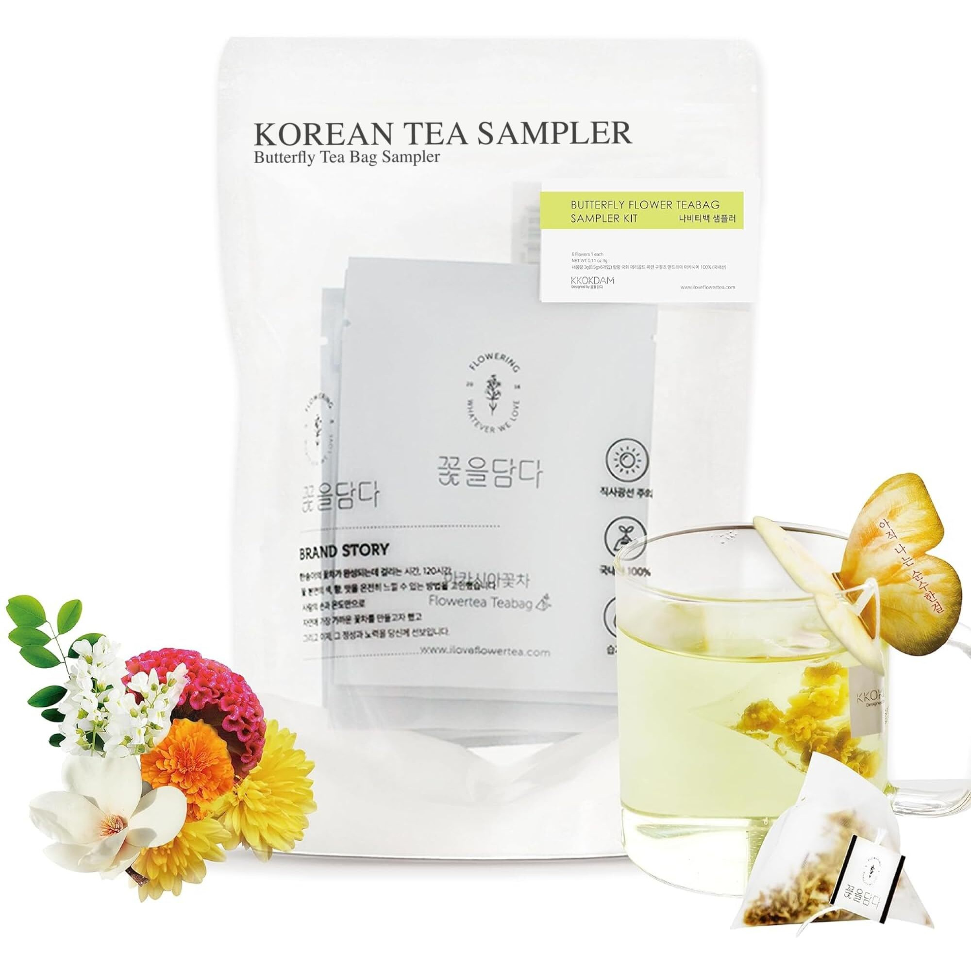 Kkokdam Butterfly Tea Bags Sampler - Fancy Tea Variety Pack Tea Set, Korean Gift Set, Korean Tea Sets, Unique Tea Gifts - 6 Count