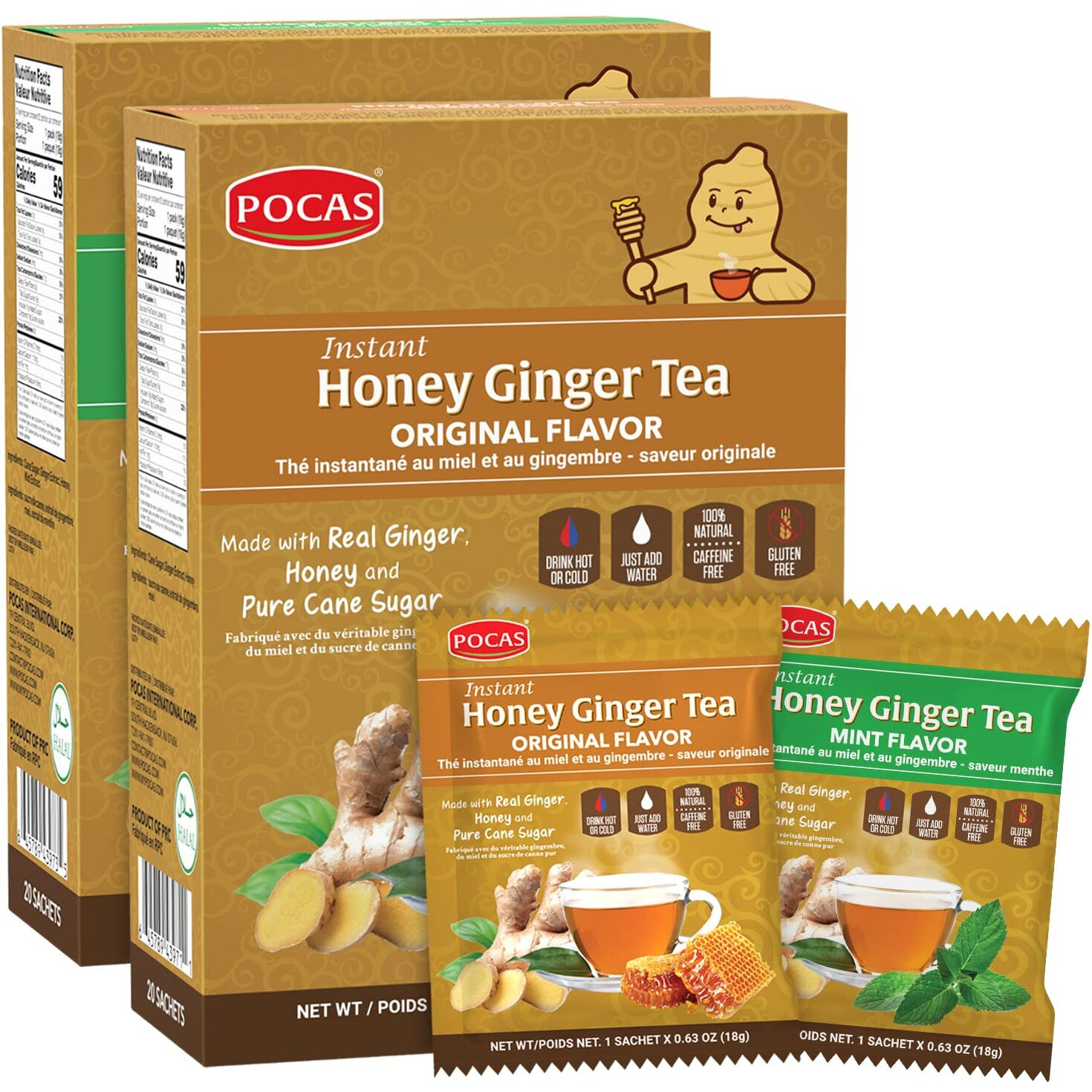 Pocas Honey Ginger Tea Variety Set - Instant Tea Powder Packets, Ginger Honey Crystals Tea, Original & Mint Flavors, Non-Gmo/Gluten Free/Caffeine Free Tea, 20 Count (Pack Of 2)