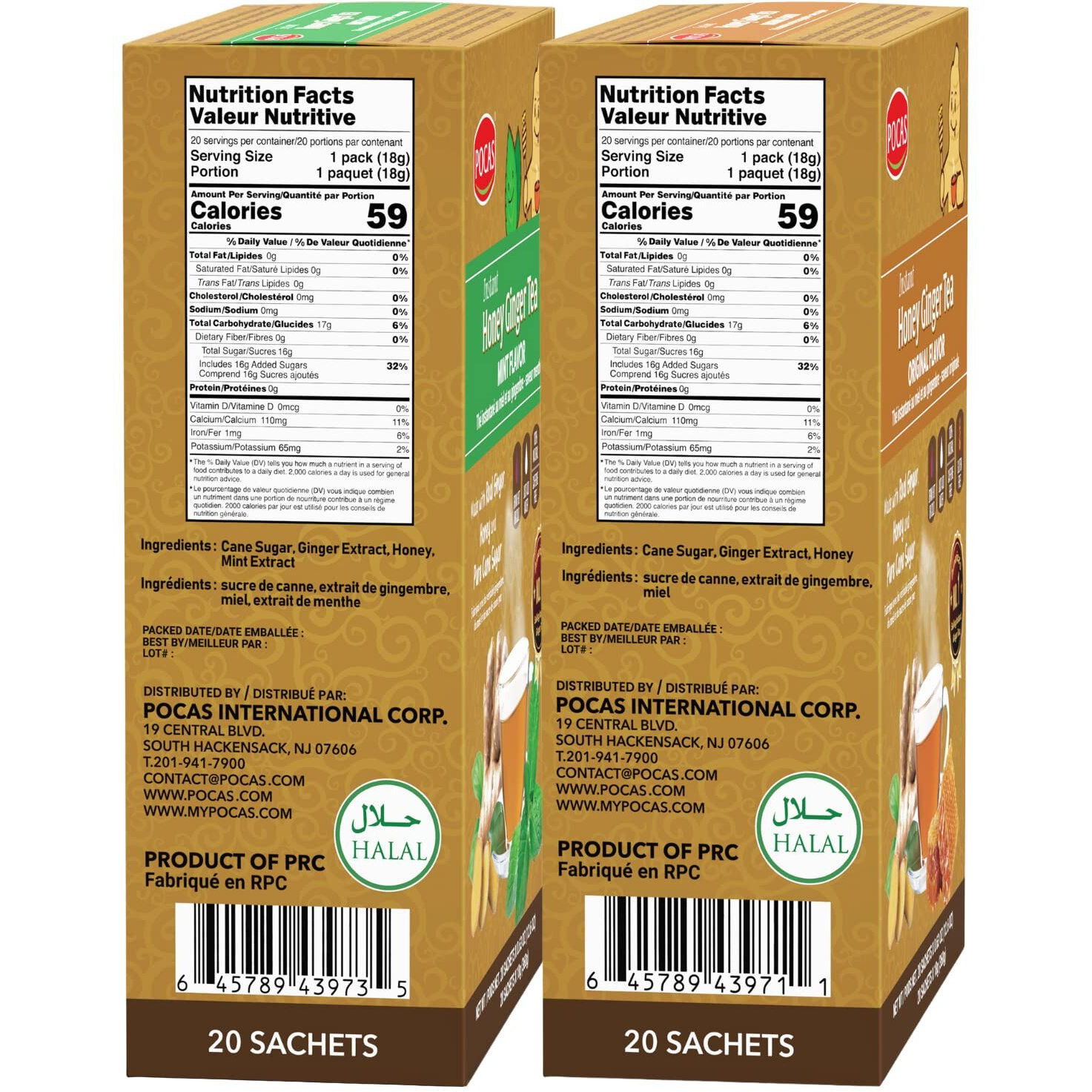 Pocas Honey Ginger Tea Variety Set - Instant Tea Powder Packets, Ginger Honey Crystals Tea, Original & Mint Flavors, Non-Gmo/Gluten Free/Caffeine Free Tea, 20 Count (Pack Of 2)
