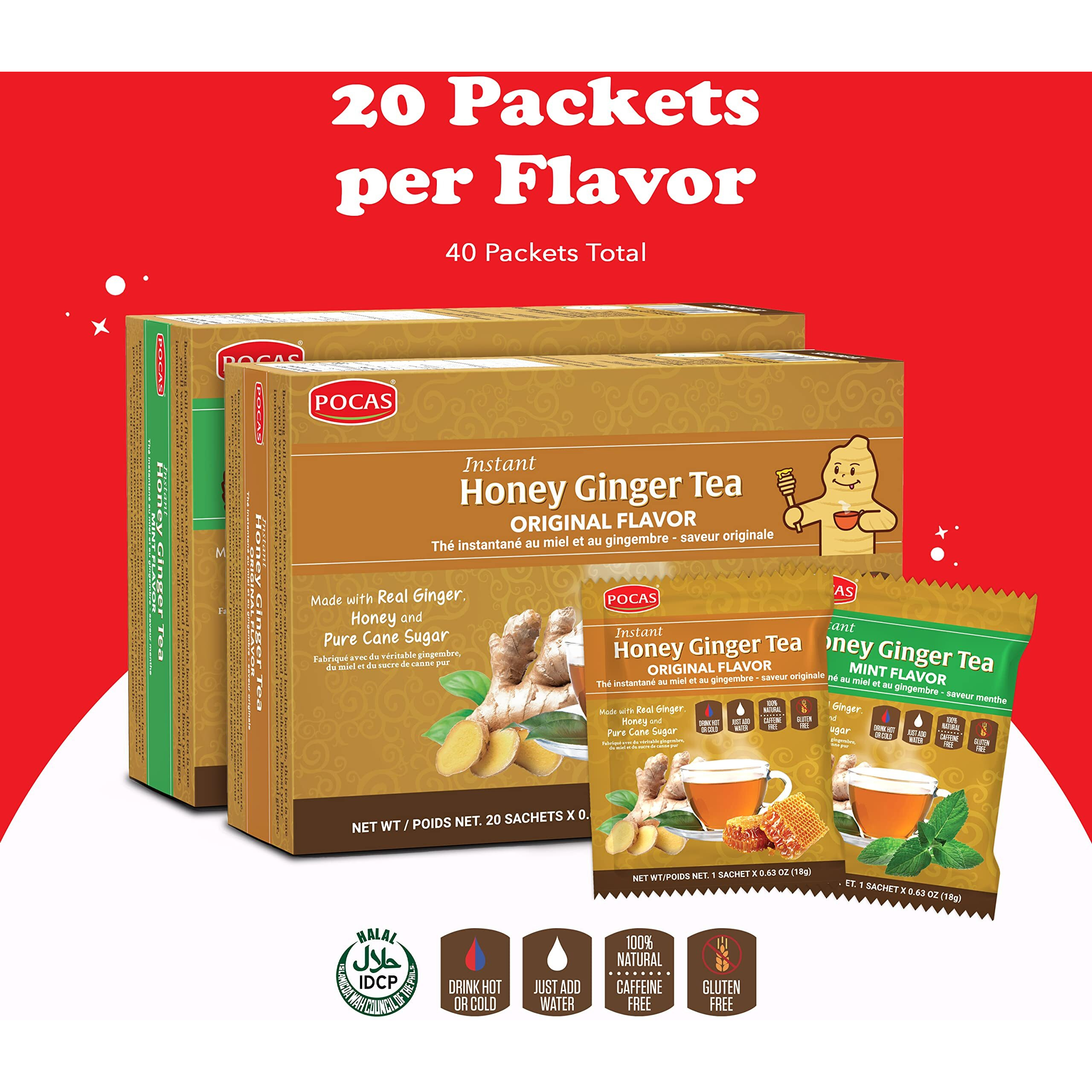 Pocas Honey Ginger Tea Variety Set - Instant Tea Powder Packets, Ginger Honey Crystals Tea, Original & Mint Flavors, Non-Gmo/Gluten Free/Caffeine Free Tea, 20 Count (Pack Of 2)