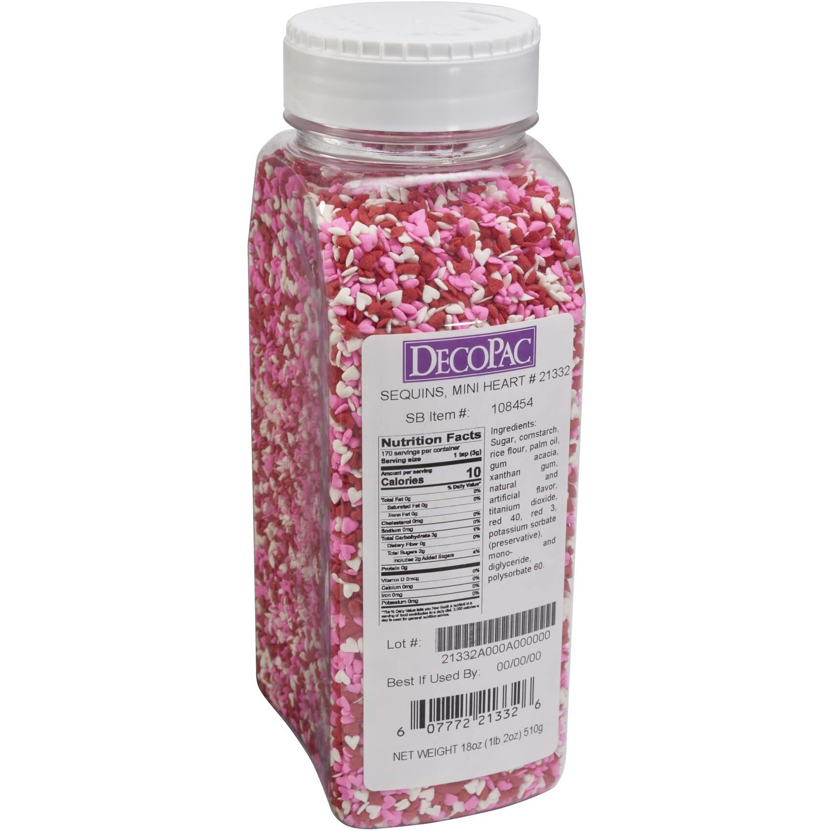 Decopac Valentine's Day Quins, 18Oz, Fancy Sprinkles In Heart Shapes, Candy Sprinkles In Handheld Container, Edible Sprinkles For Celebration Cakes, Cupcakes, Cookies