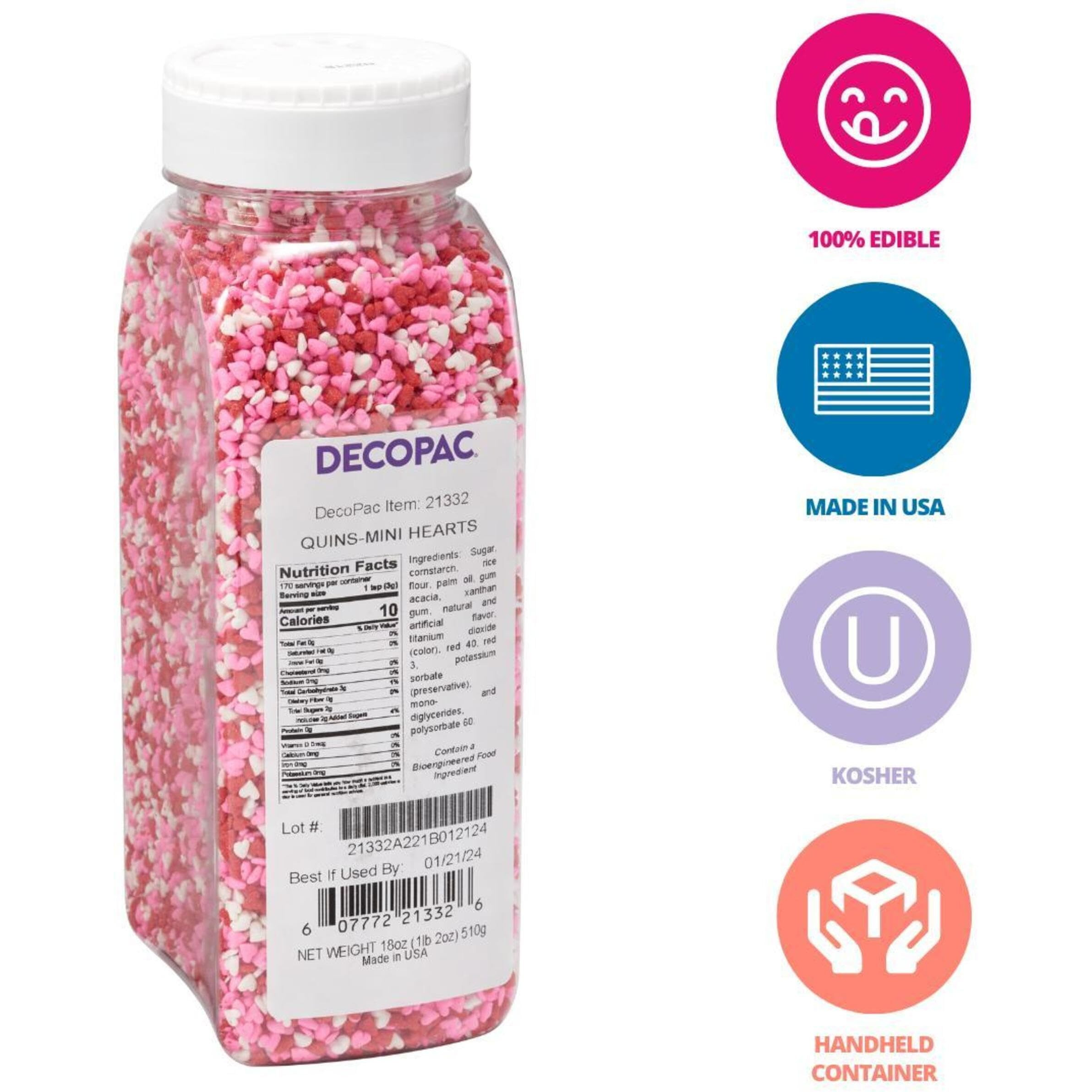 Decopac Valentine's Day Quins, 18Oz, Fancy Sprinkles In Heart Shapes, Candy Sprinkles In Handheld Container, Edible Sprinkles For Celebration Cakes, Cupcakes, Cookies