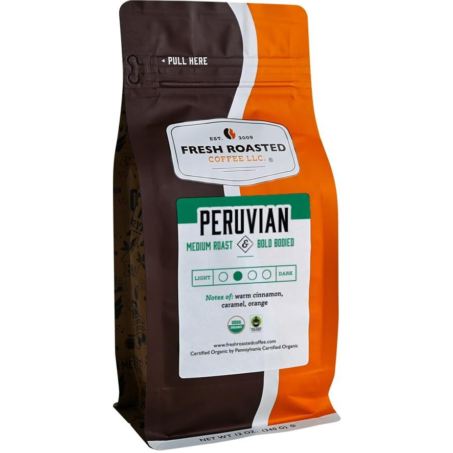Fresh Roasted Coffee, Fair Trade Organic Peruvian, 12 Oz, Medium Roast, Kosher, Ground