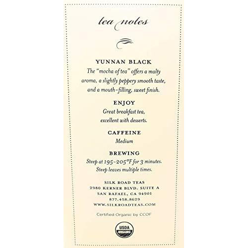 Silk Road Teas, Organic Yunnan Black Tea, English Breakfast Tea, Fair Trade, Spicy Aroma & Malty Taste, "&quotMocha Of Tea"", Enjoy Hot Or Iced,15 Non-Gmo Biodegradable Tea Bags