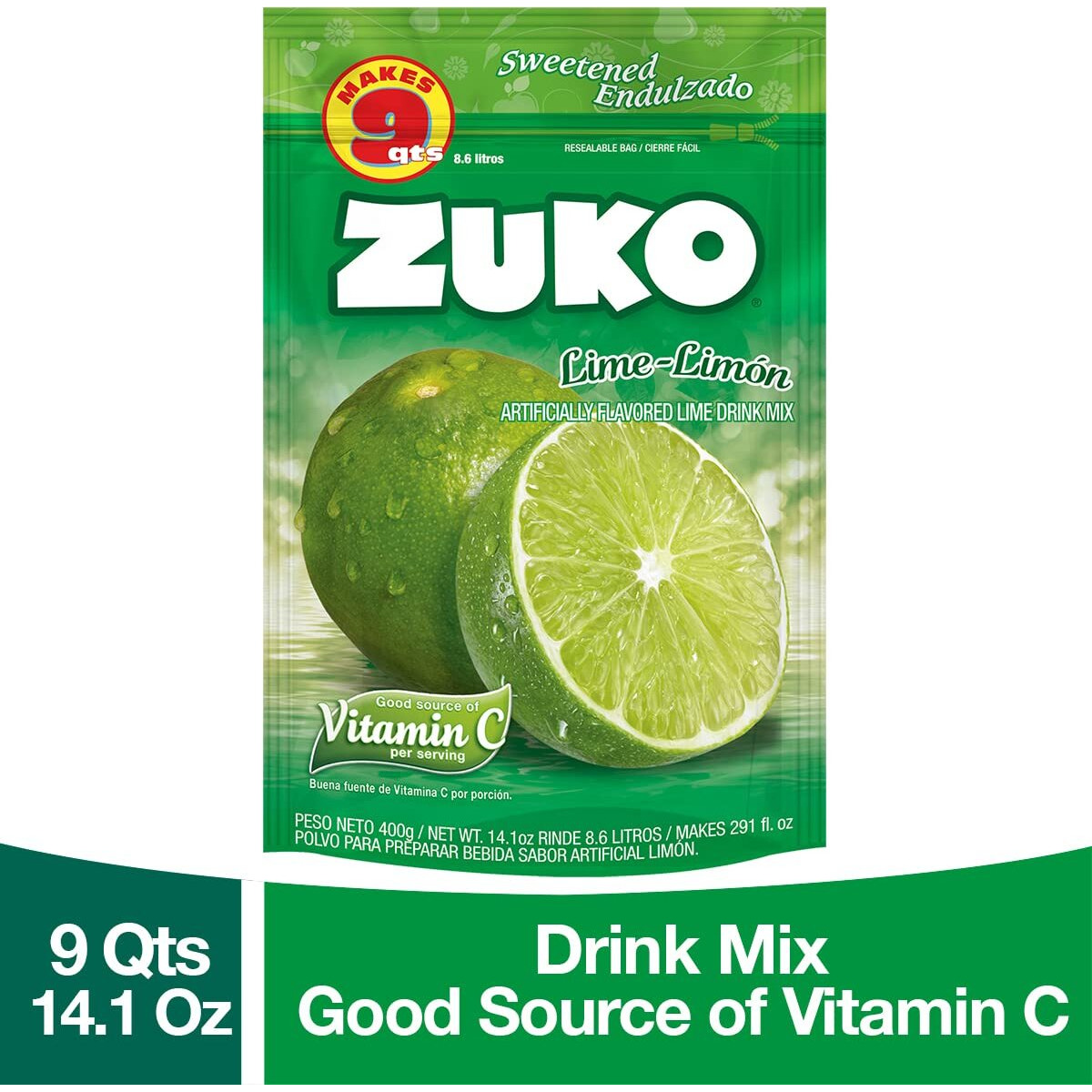 Zuko Lime Instant Powder Drink | Family Pack | No Sugar Needed | Vitamin C | 14.1 Ounce (Pack Of 2)