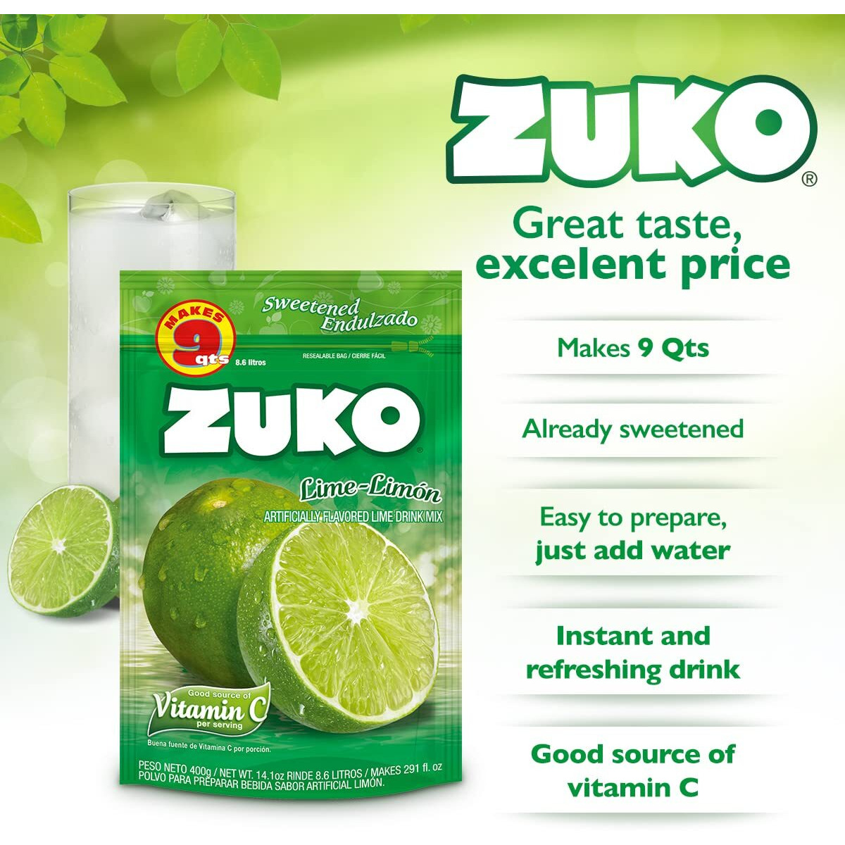Zuko Lime Instant Powder Drink | Family Pack | No Sugar Needed | Vitamin C | 14.1 Ounce (Pack Of 2)