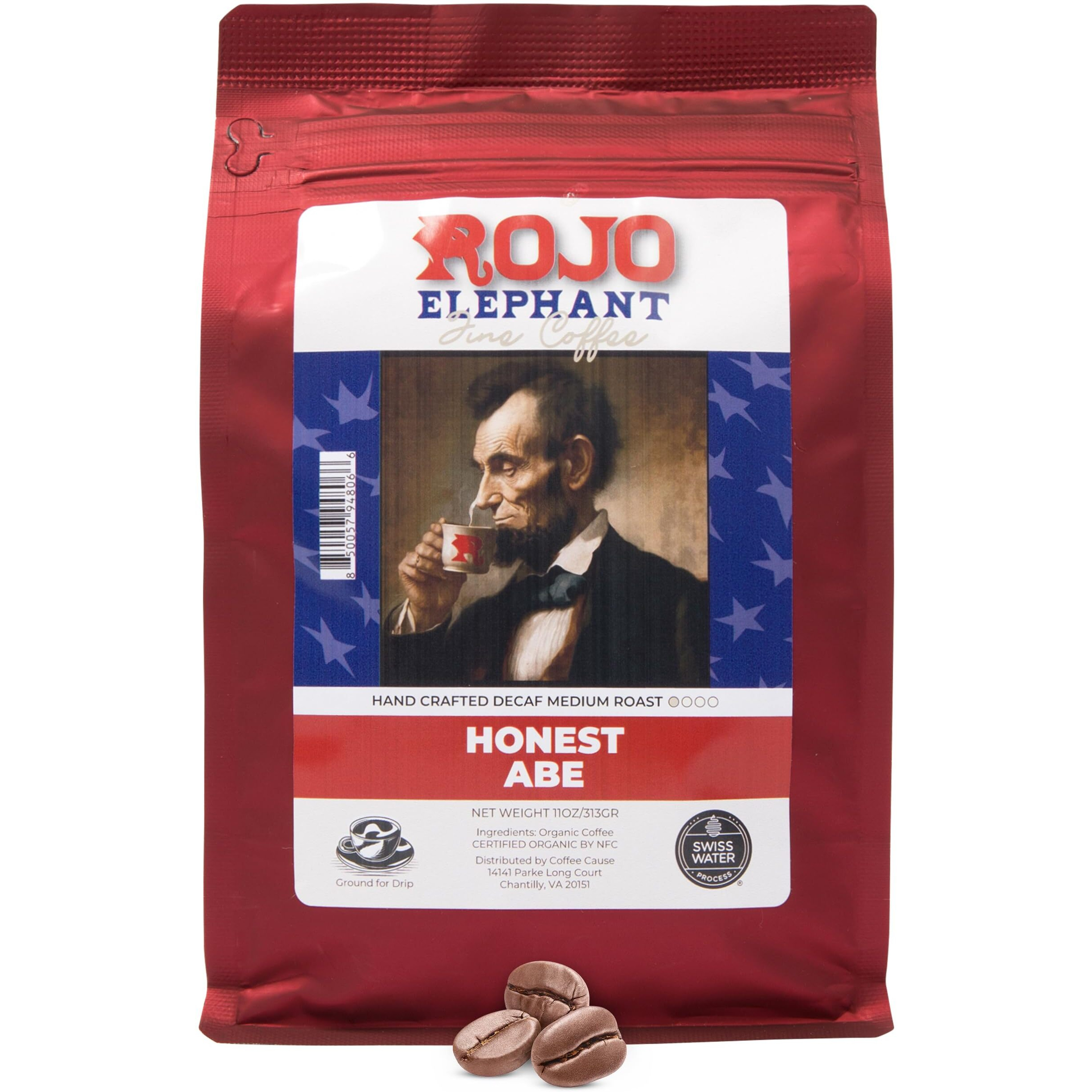 Rojo Elephant Honest Abe Handcrafted Decaf Ground Coffee, Single-Origin 100% Arabica Beans, Premium Roast, Smooth, Rich Flavor, Swiss Water, Mountain Water Process, Decaffeinated, 11 0Z Pack