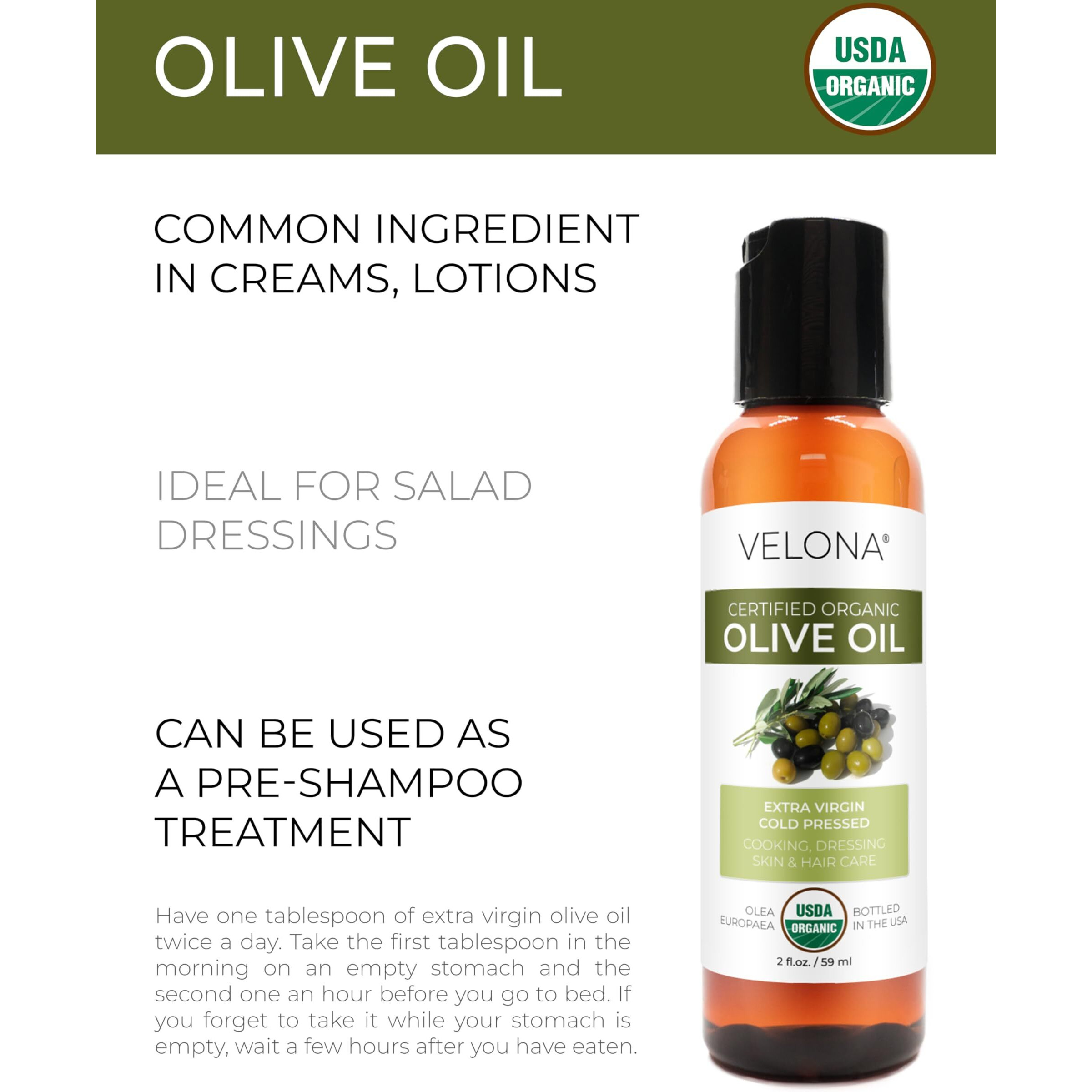 Velona Usda Certified Organic Olive Oil - 2 Fl Oz | 100% Pure And Natural Carrier Oil | Extra Virgin, Unrefined, Cold Pressed