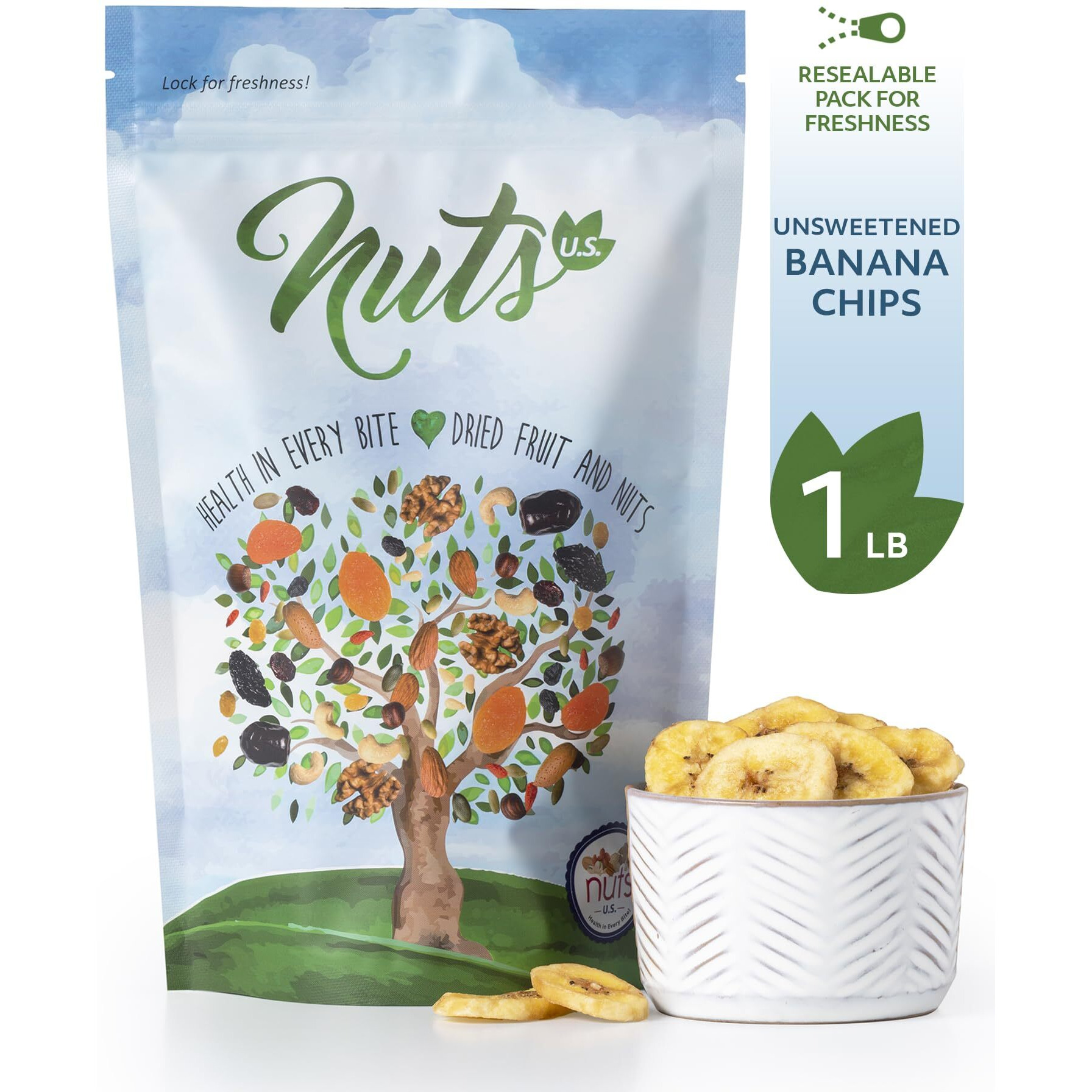 Nuts U.S. - Unsweetened Banana Chips | No Sulphure, Added & No Artificial Colors | Non-Gmo | Natural | Packed In A Resealable Bag (1 Lb)