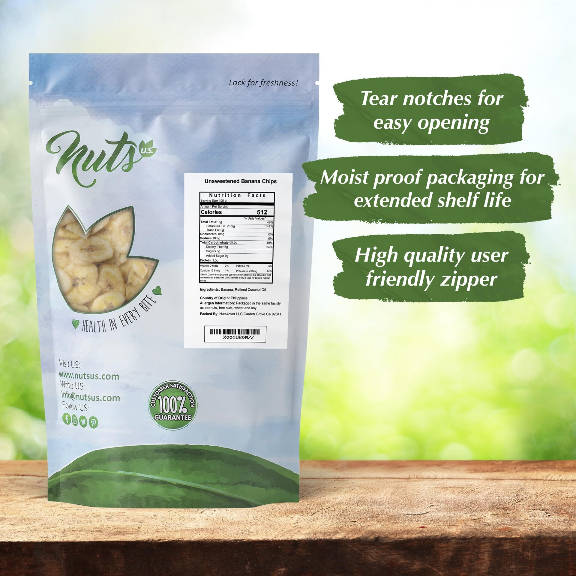 Nuts U.S. - Unsweetened Banana Chips | No Sulphure, Added & No Artificial Colors | Non-Gmo | Natural | Packed In A Resealable Bag (1 Lb)