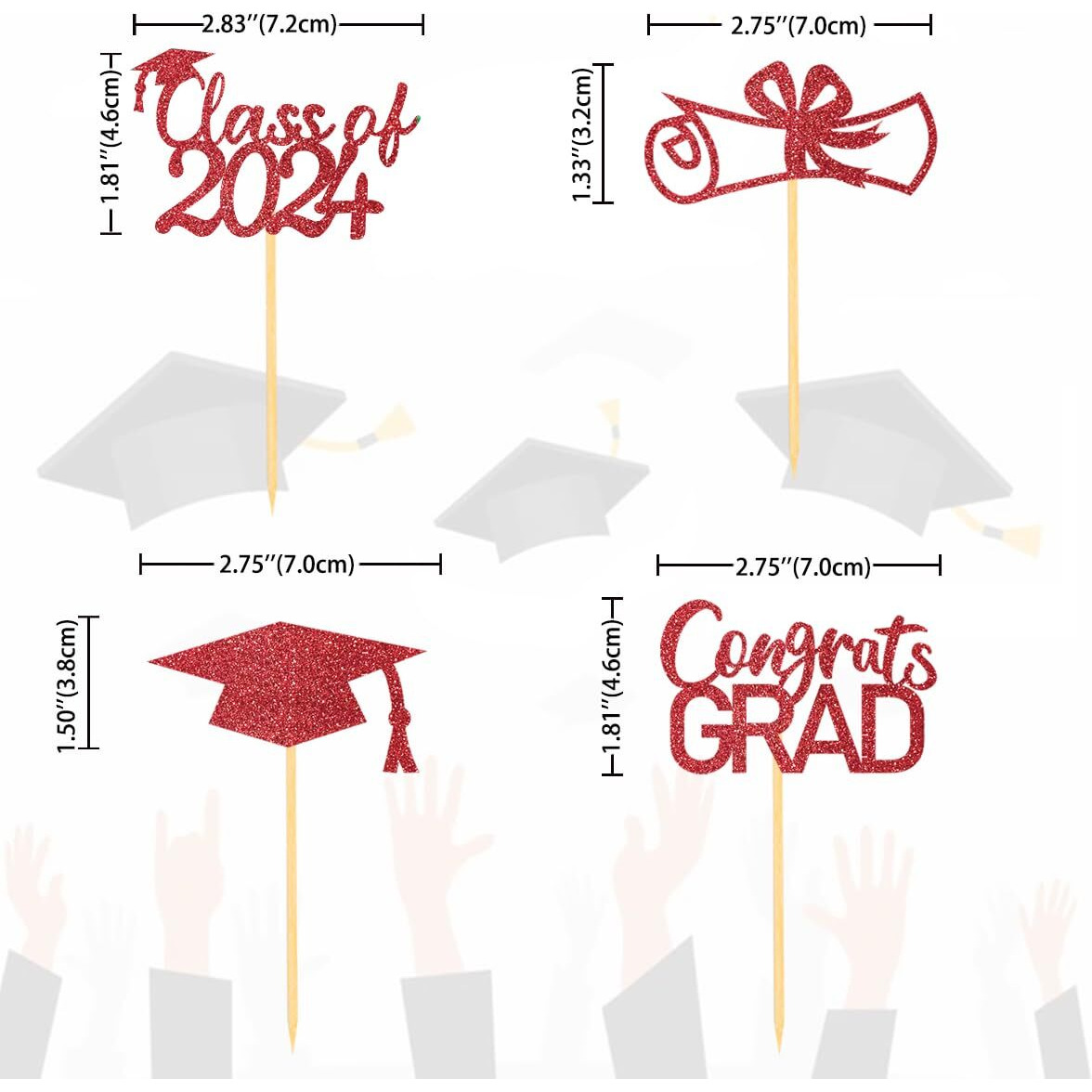 2024 Graduation Cupcake Toppers, Class Of 2024 Cupcake Toppers For Graduation Decorations, Congrats Grad Graduation Cake Decorations - Set Of 24 (Red)