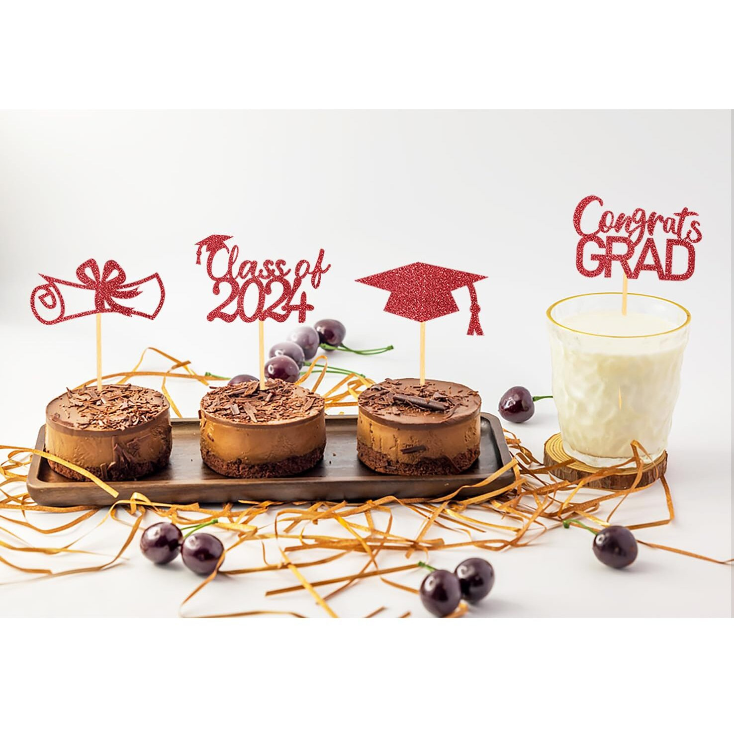 2024 Graduation Cupcake Toppers, Class Of 2024 Cupcake Toppers For Graduation Decorations, Congrats Grad Graduation Cake Decorations - Set Of 24 (Red)