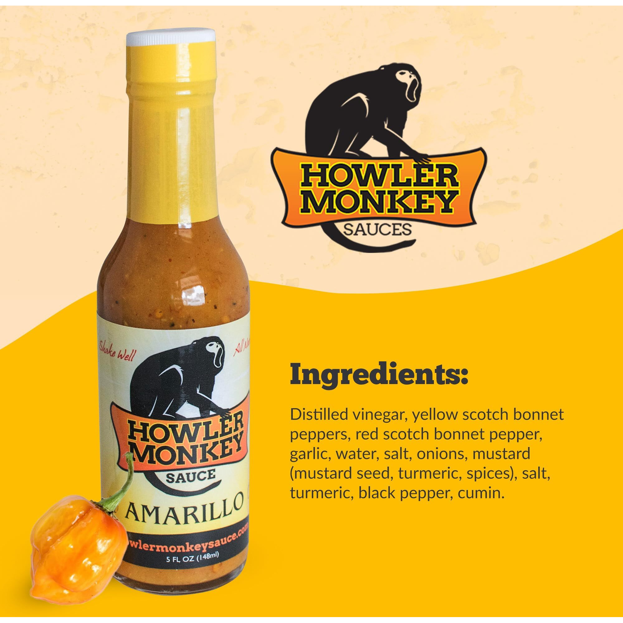 Howler Monkey Sauce Amarillo - Panama Style Hot Sauce - Gluten-Free, No Carbs, Low Sodium - No Thickeners, Preservatives, Or Added Sugars -Burn That Turns Into A Blast Of Flavors - 1-Pack 5Oz Bottle