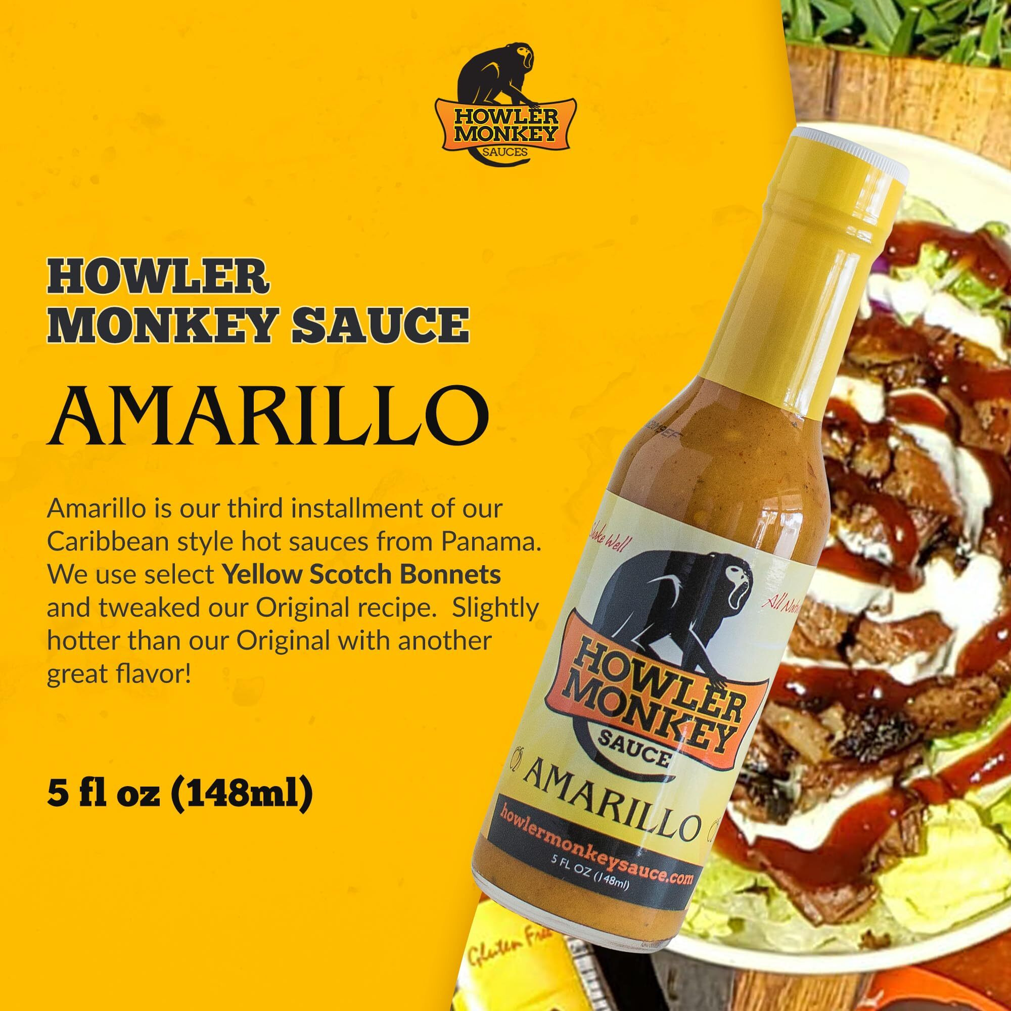 Howler Monkey Sauce Amarillo - Panama Style Hot Sauce - Gluten-Free, No Carbs, Low Sodium - No Thickeners, Preservatives, Or Added Sugars -Burn That Turns Into A Blast Of Flavors - 1-Pack 5Oz Bottle