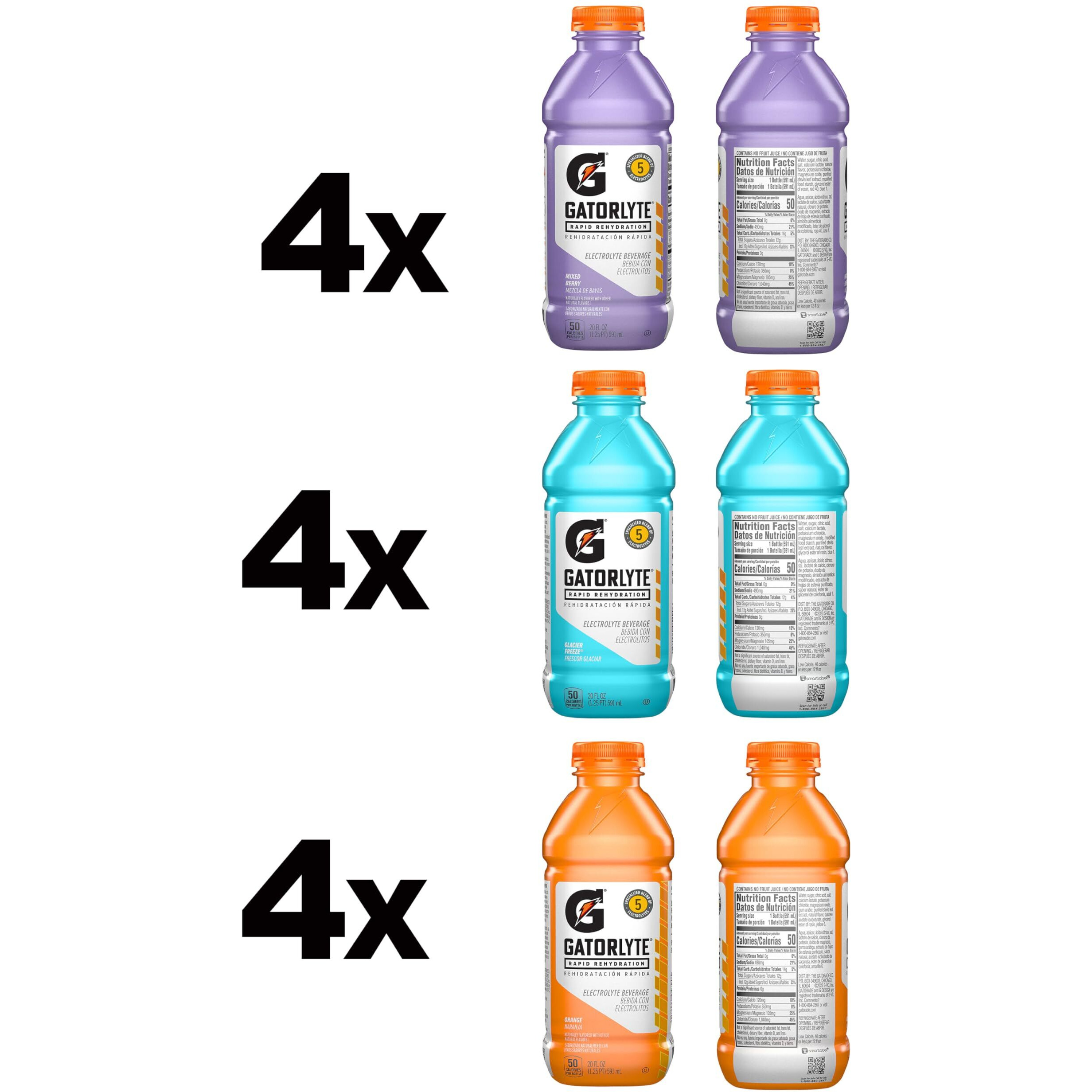 Gatorlyte Rapid Rehydration Electrolyte Beverage, Variety Pack 2.0, 20 Fl Oz (Pack Of 12)