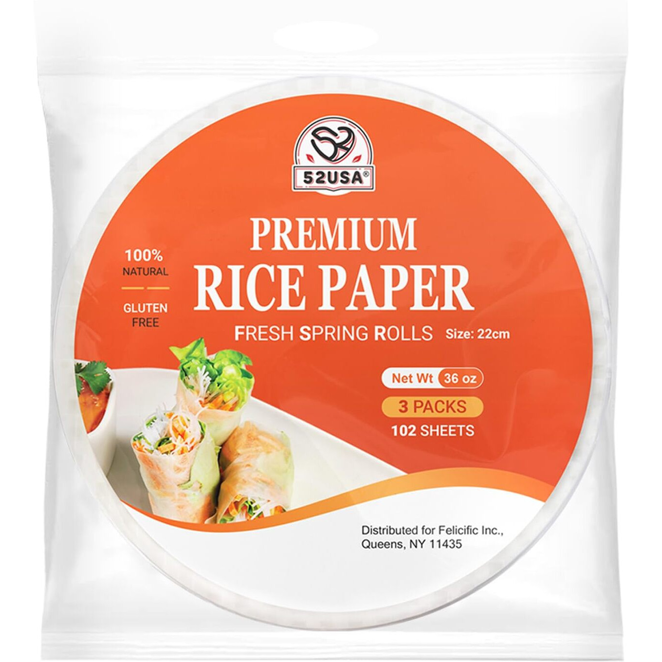 52Usa Rice Paper, 3 Pack, Rice Paper Wrappers, Fresh Spring Roll Wrappers & Dumplings-102 Sheets, Gluten-Free Wonton Wrappers, Vegan, Low Carb, Vietnamese Rice Wraps (Round, 22Cm)