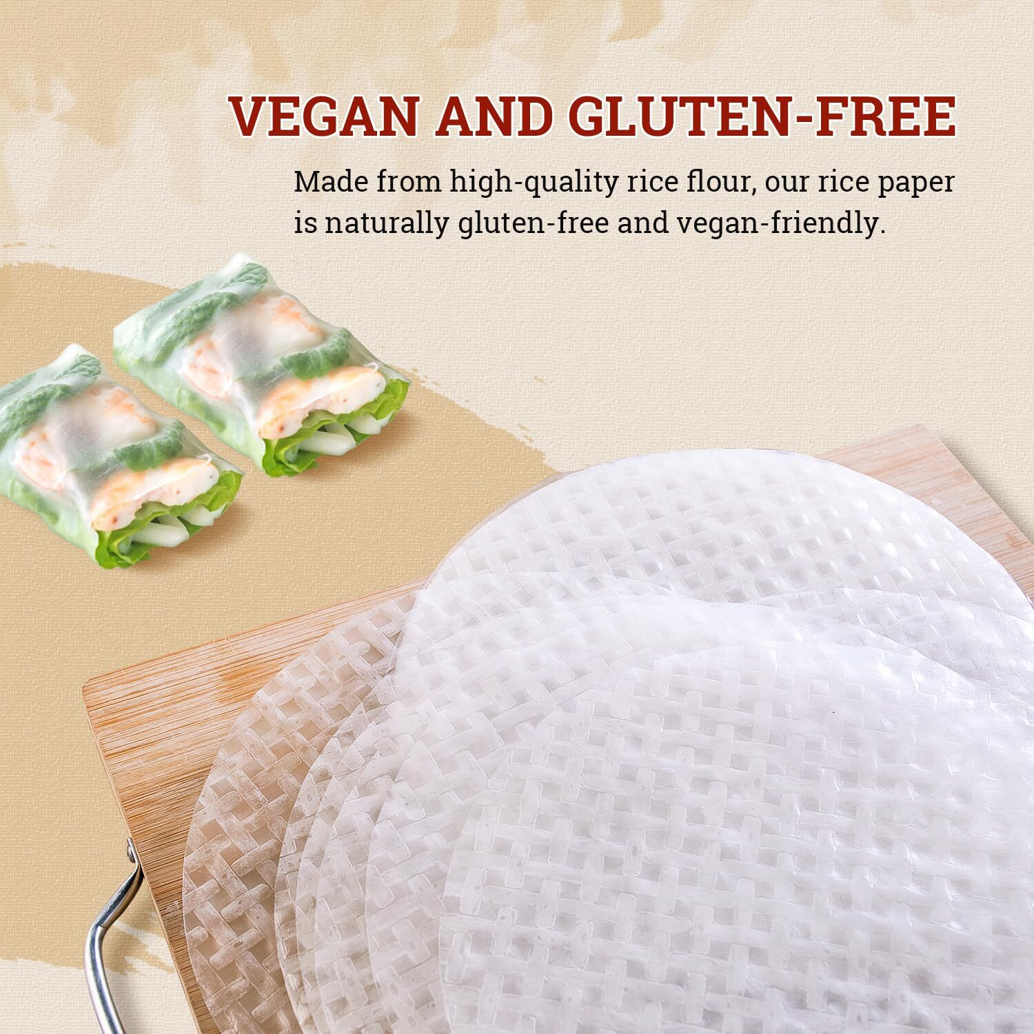 52Usa Rice Paper, 3 Pack, Rice Paper Wrappers, Fresh Spring Roll Wrappers & Dumplings-102 Sheets, Gluten-Free Wonton Wrappers, Vegan, Low Carb, Vietnamese Rice Wraps (Round, 22Cm)
