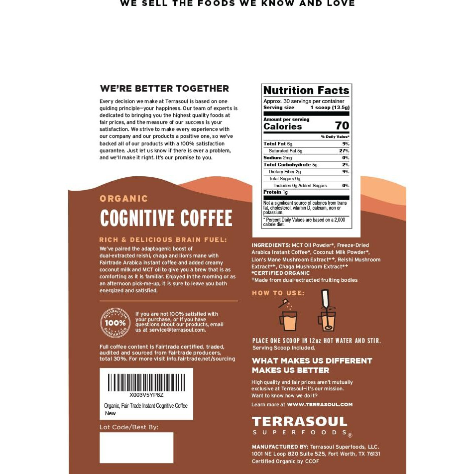 Terrasoul Superfoods Organic Cognitive Mushroom Coffee, 30 Servings, 14.29 Oz, Energize Your Morning And Boost Focus With Powerful Mushrooms, Compare To Ryze Mushroom Coffee