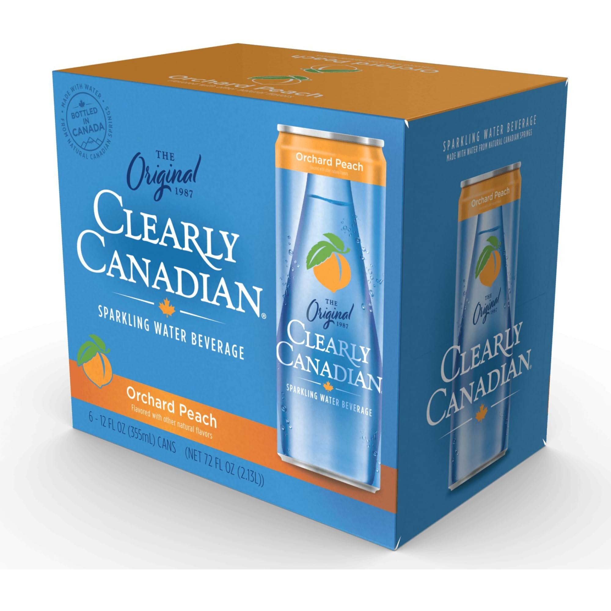 Clearly Canadian Orchard Peach Sparkling Spring Water Beverage, Natural & Carbonated, Flavored Seltzer Water, 1 Case (24 Cans X 12 Fl Oz)