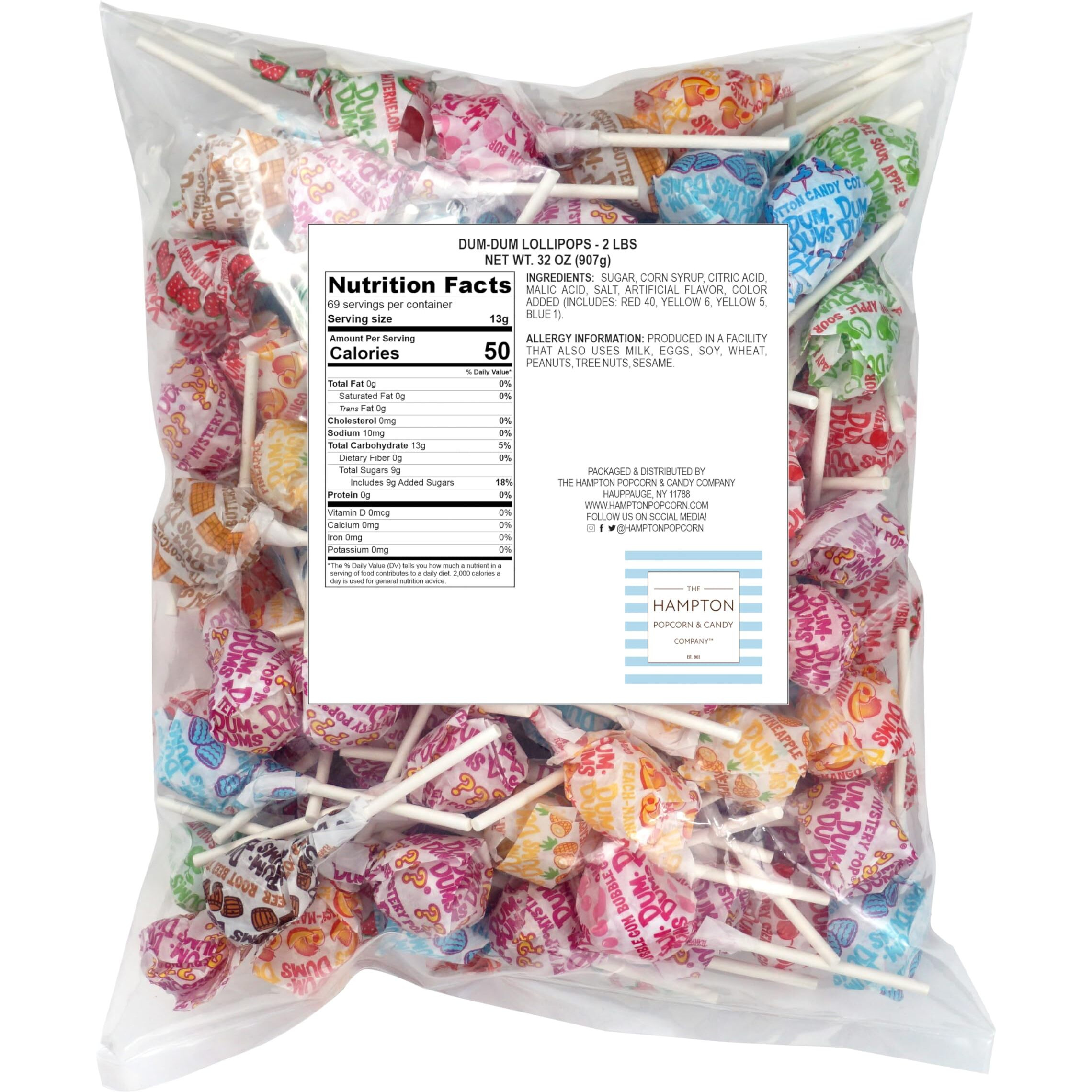 Dum Dums Original Mix Lollipops, 2 Lb Bag (120 Pieces Approx.), Gluten Free Hard Candy, Assorted Flavors, Individually Wrapped Lollipops, The Hampton Popcorn & Candy Company