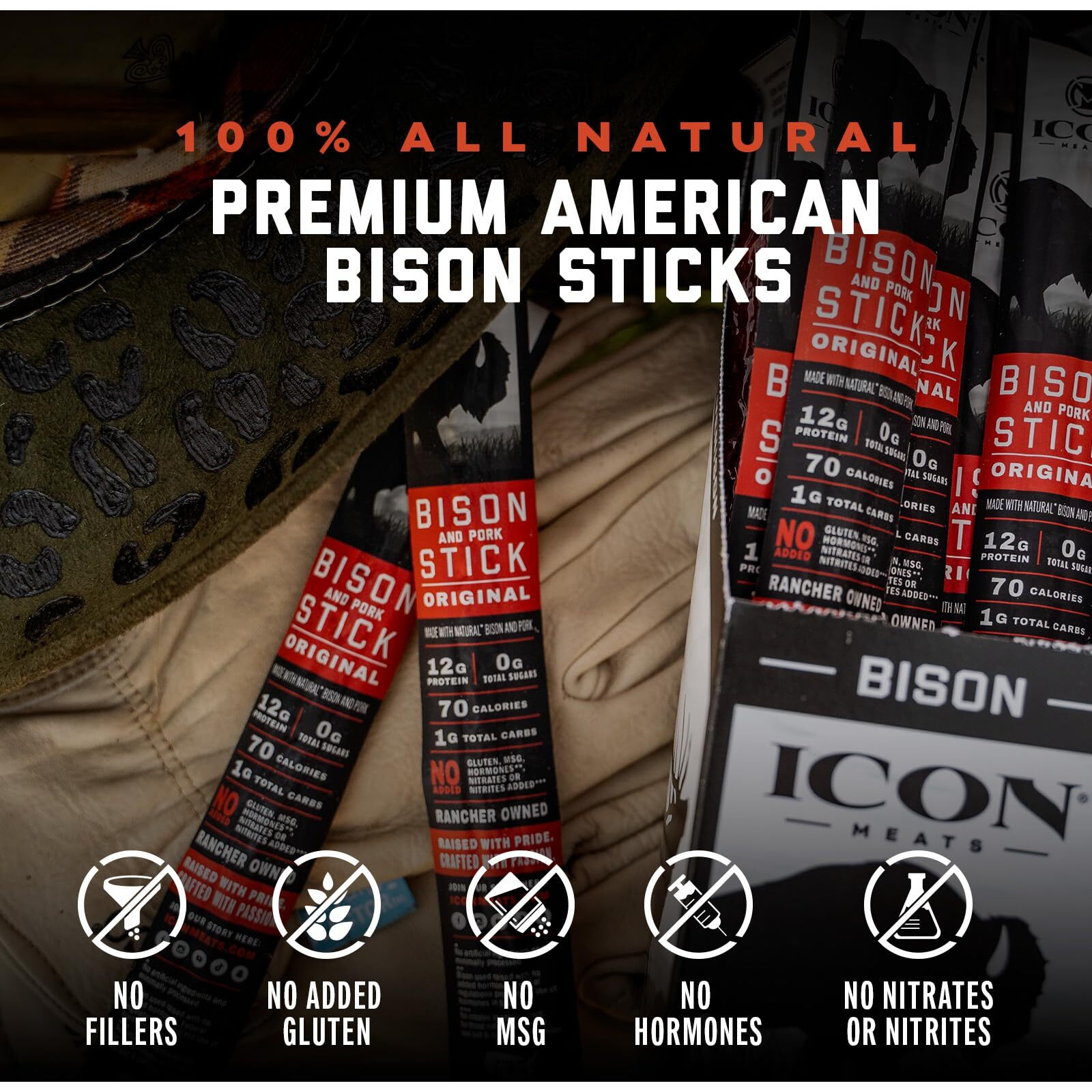 Icon Meats Bison And Pork Snack Sticks - Original Flavor - 24 Pack Of Individually Wrapped Jerky Meat Sticks, Usda Approved, All Natural, Diet Friendly, High Protein, Low Calorie, Sugar Free