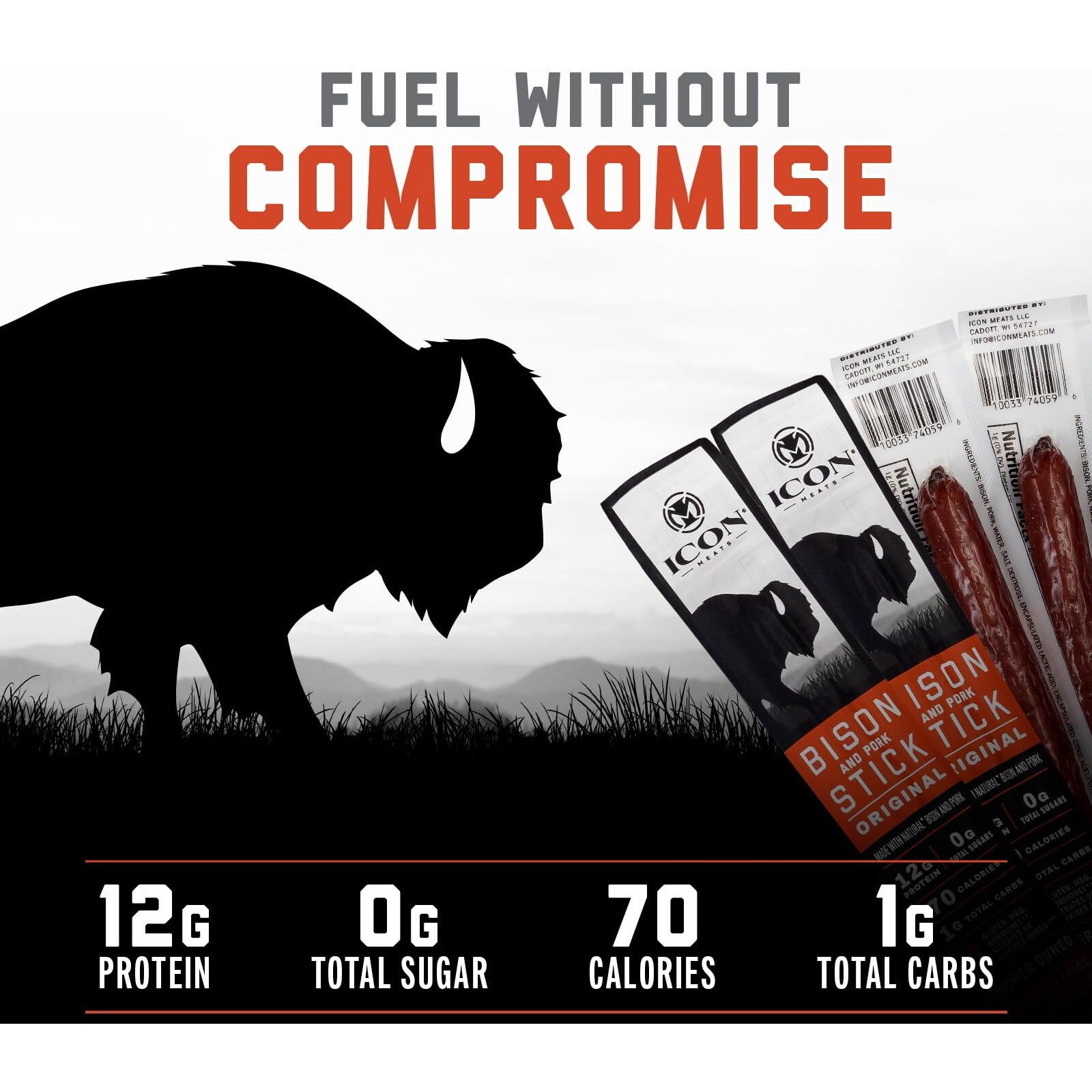 Icon Meats Bison And Pork Snack Sticks - Original Flavor - 24 Pack Of Individually Wrapped Jerky Meat Sticks, Usda Approved, All Natural, Diet Friendly, High Protein, Low Calorie, Sugar Free