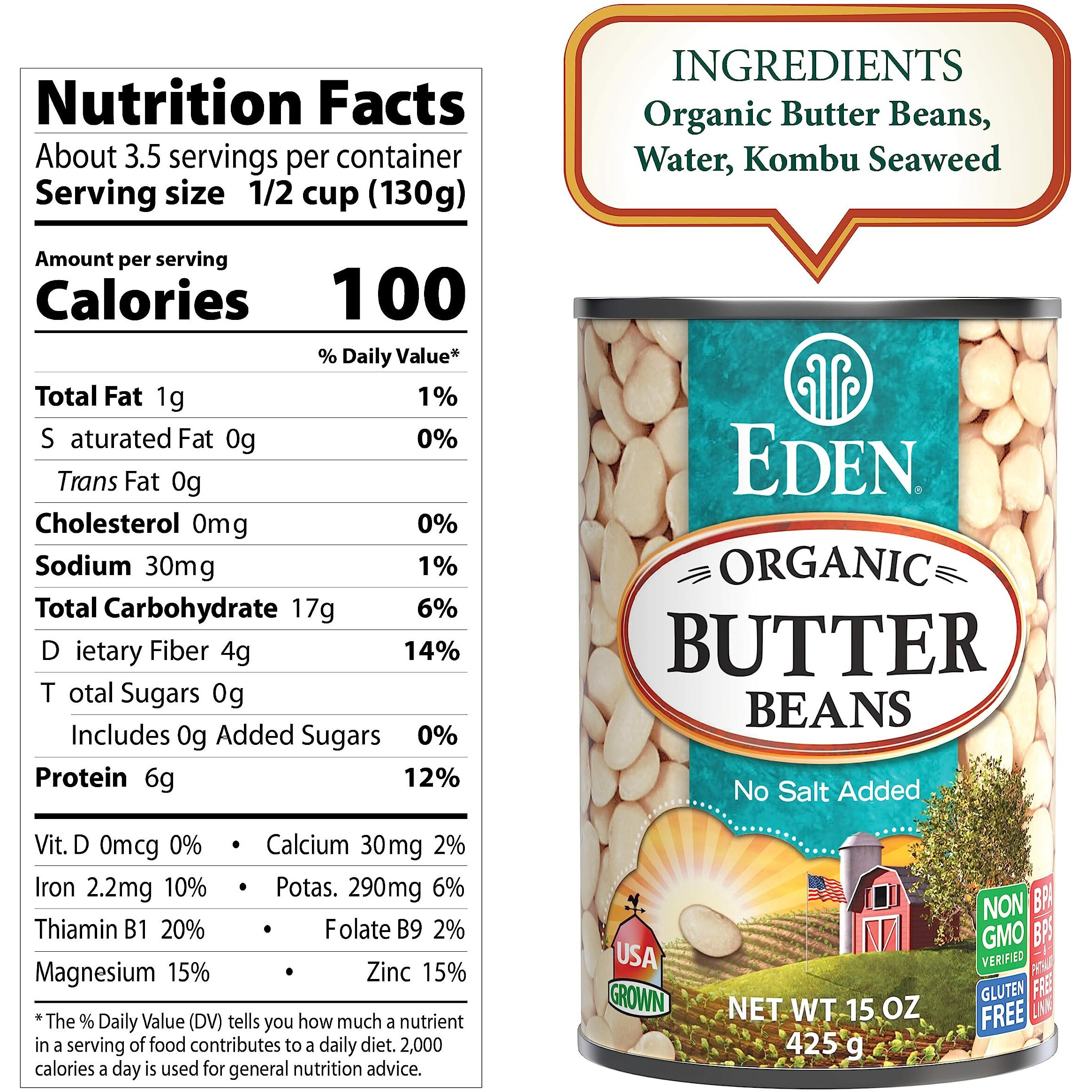 Eden Organic Butter Beans, (Baby Lima Beans), No Salt Added, Usa Grown, Non Gmo, 15 Oz (12-Pack)