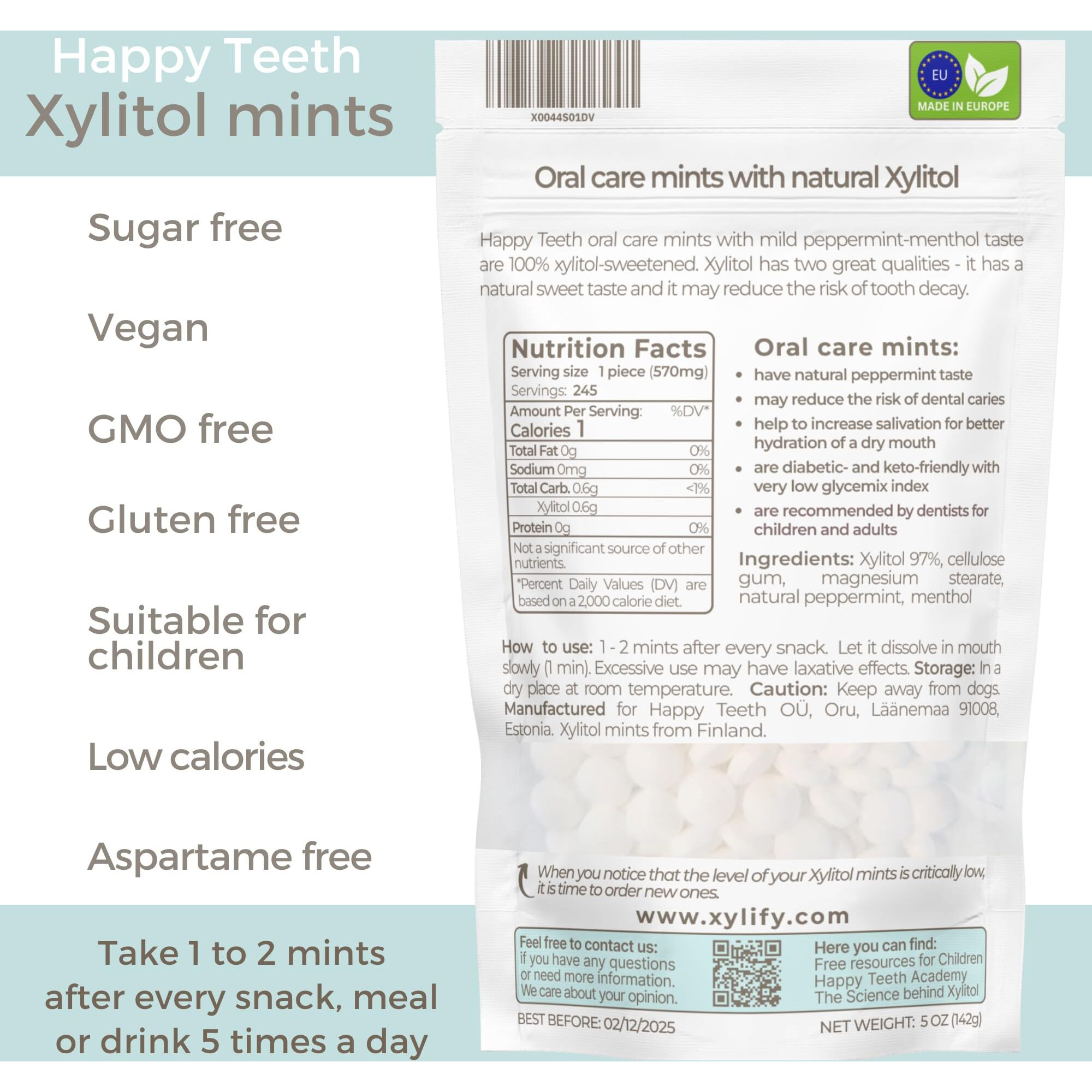 Xylitol Mints For Oral Care - Peppermint Flavor, 100% Xylitol Sweetened, Sugar Free Candy, Happy Teeth Dental Mints From Finland, 5Oz - 245 Mints