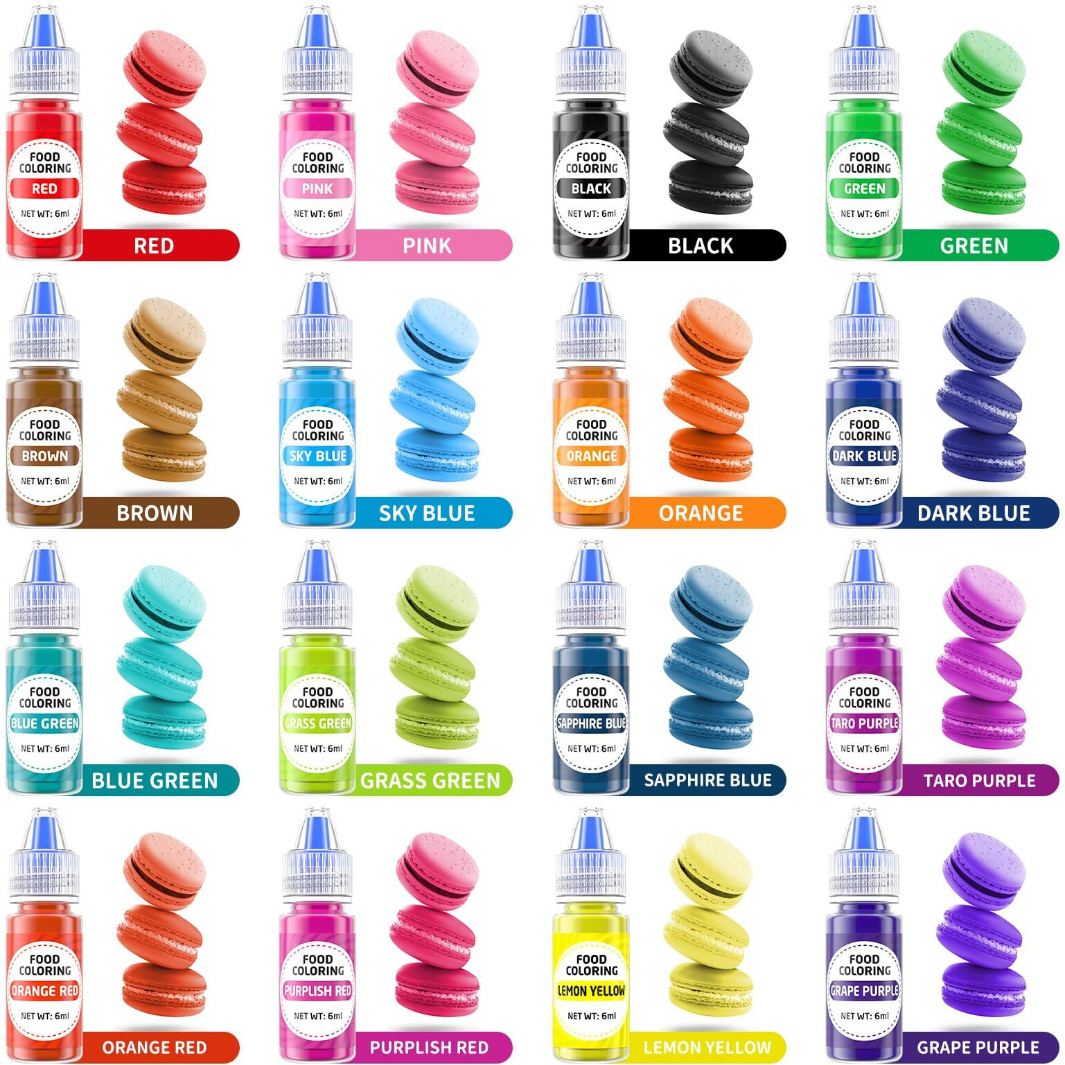 Food Coloring Cake Decorating Set - 16 Vibrant Color Food Grade Food Dye Liquid Edible Tasteless Concentrated Neon Icing Colors For Baking Macaron Frosting Fondant Cookie-6 Ml/Bottles