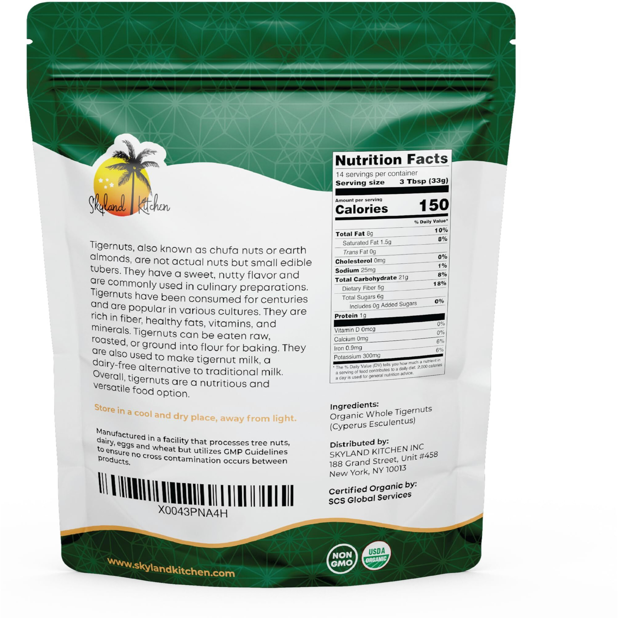 Skyland Kitchen Whole Organic Tigernuts, 16Oz Bag, Gluten-Free, Raw Snack. Edible Tubers, Free Of All Allergens.