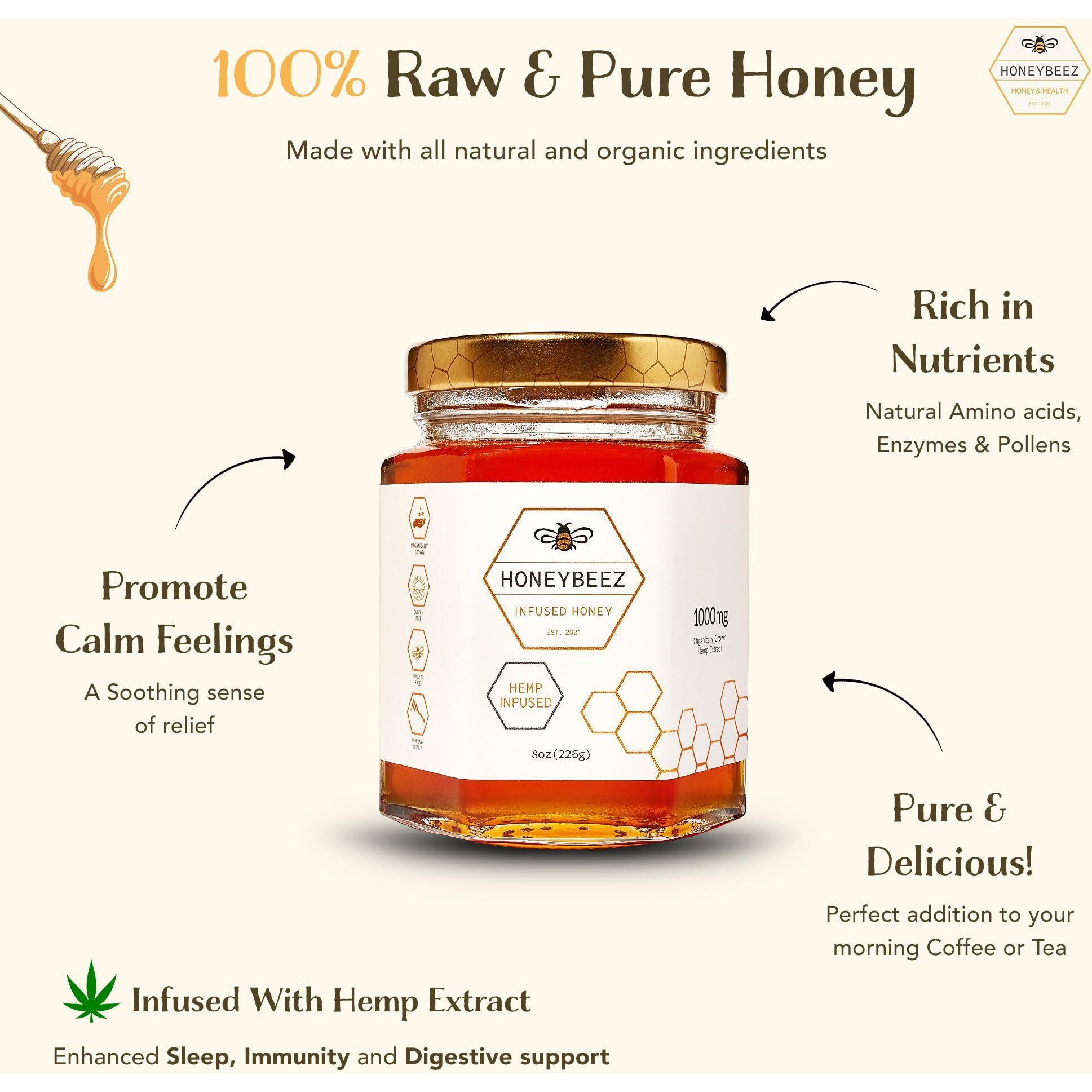 Honeybeez Premium Raw Honey Infused With Hemp- 32Mg Per Serving (Natural, 8Oz)