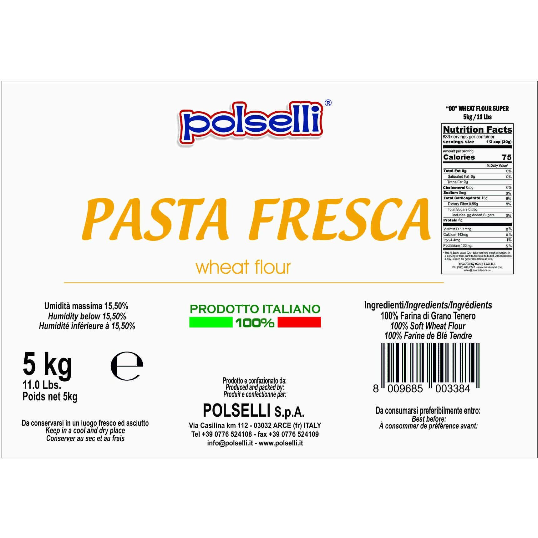 Fresh Pasta Flour, 100% Soft Wheat, 5 Kg (11 Lbs) Tipo 00, Bread Machine Or Handmade Pasta, For Bread, Gnocchi, Product Of Italy, Polselli