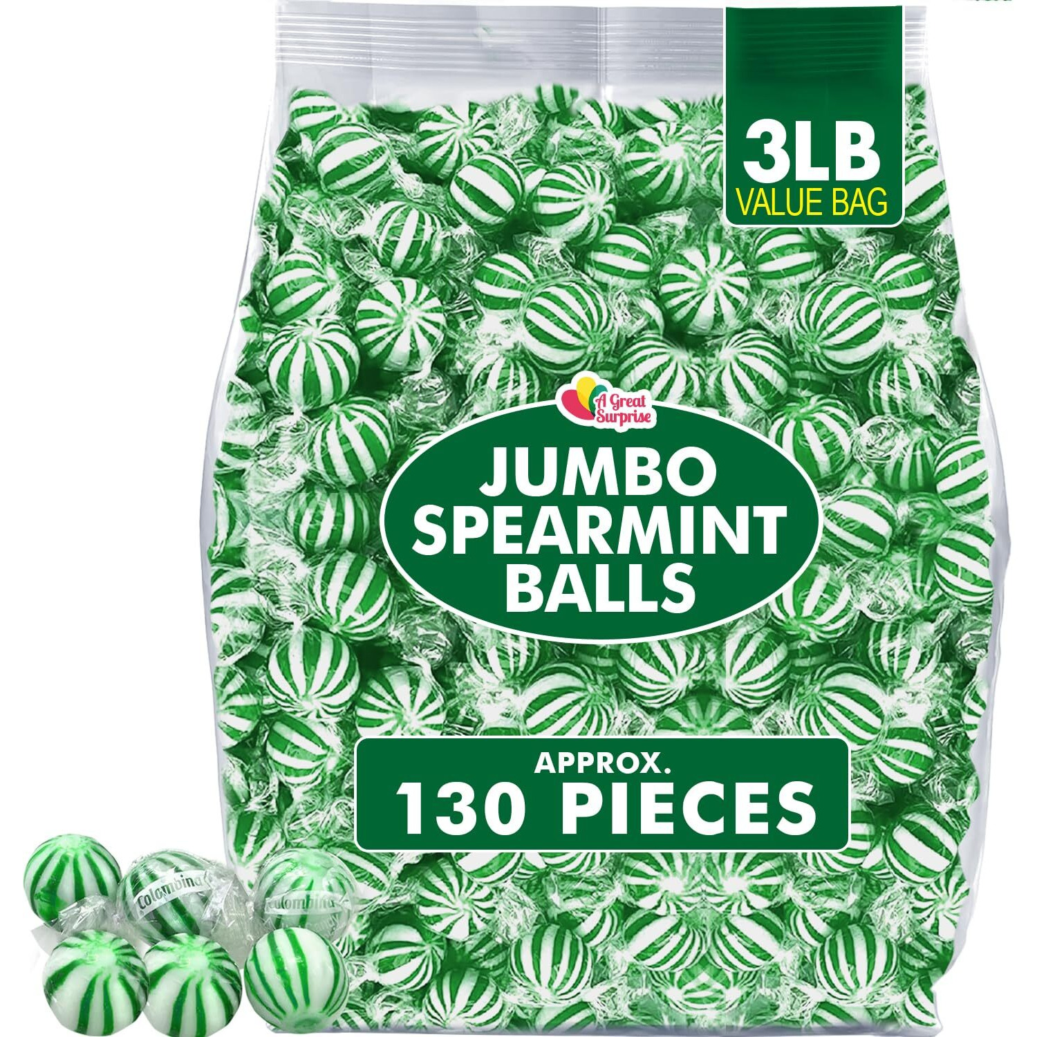 Jumbo Spearmint Mint Balls - 3Lbs - Bulk Green Candies For Buffet - Starlight Jumbo Mints - Hard Candy Mints For Office, Parties