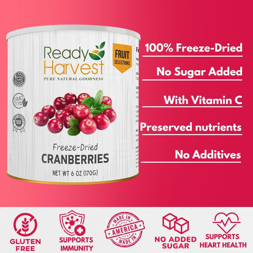Ready Harvest Cranberries Dried Fruit Freeze-Dried Fruit, Unsweetened, Freeze-Dried Food Pantry Staples Survival Food, Bug Out Bag Backpack, Camping Essentials, 10 Can | 25-Year Shelf Life 170G